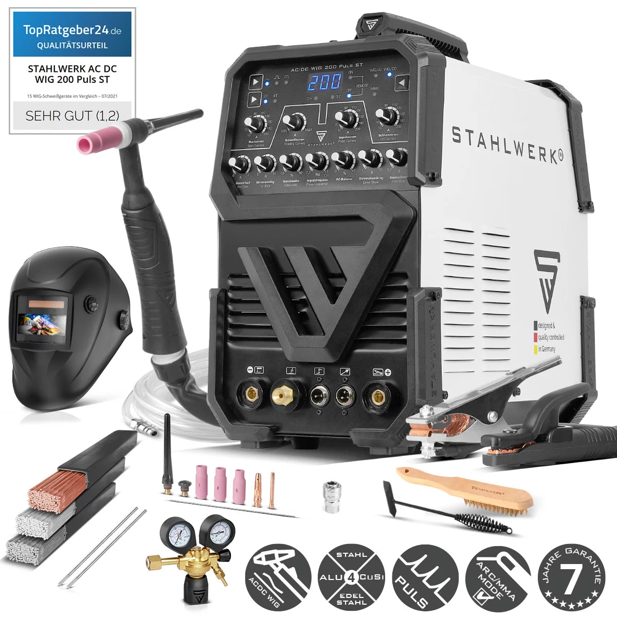 STAHLWERK AC/DC TIG 200 Puls ST مجهز بالكامل | ماكينة لحام TIG 200 امبير | محول تيار متردد/تيار مستمر TIG وMMA/E-hand | وضع 2T/4T | ورقة رقيقة مناسبة | وضع التيار المتردد للألمنيوم
