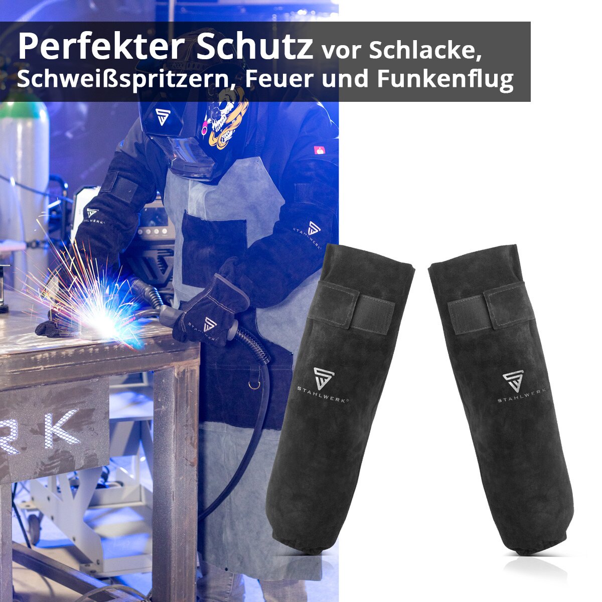 STAHLWERK Schweißerärmel | Schweißerstulpen | Schweißerschutzärmel | Schweißerarmschutz | Schweißerschutzkleidung mit Klettverschluss aus hochwertigem Spaltleder zum Schweißen und Plasmaschneiden