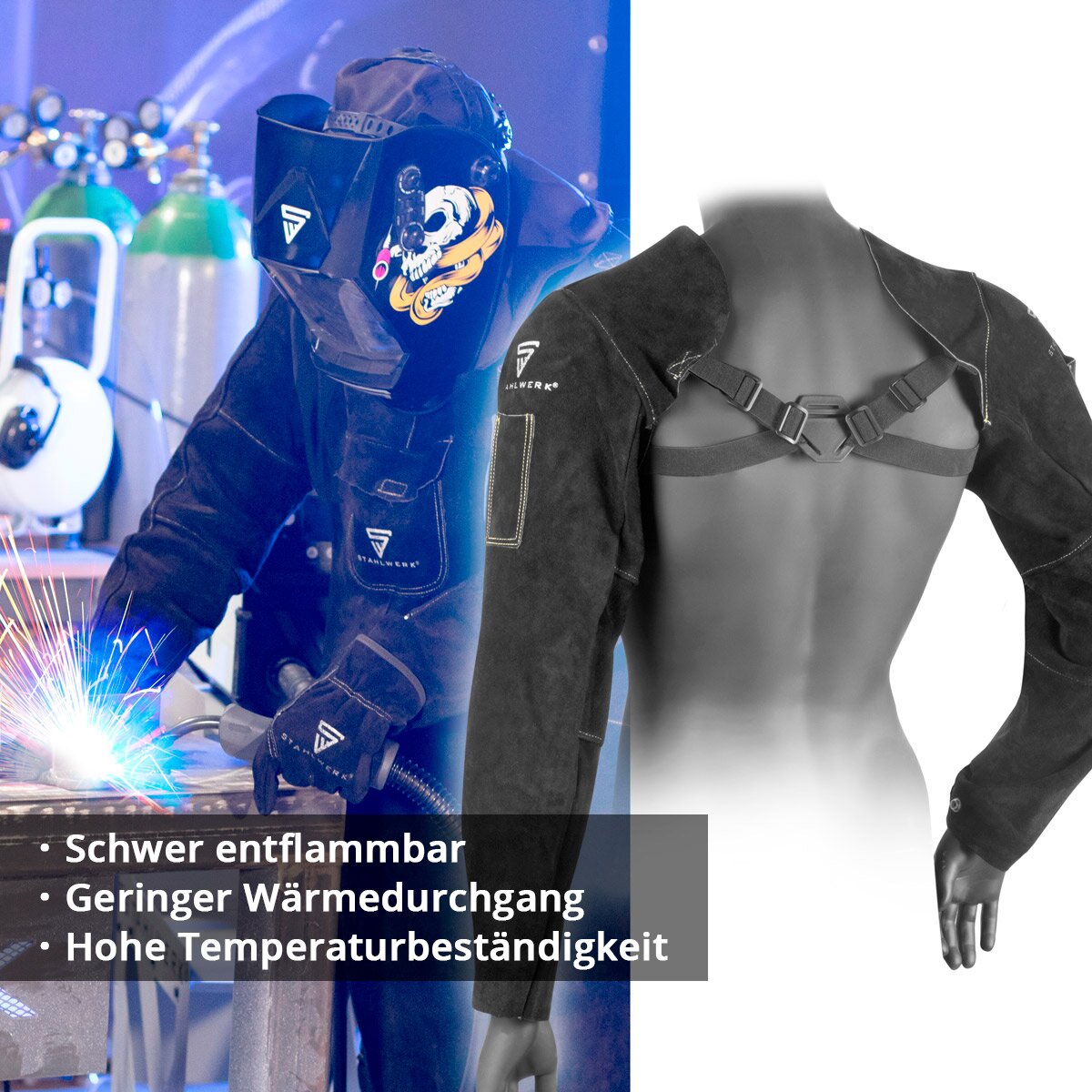 STAHLWERK Schweißerärmel | Schweißerstulpen | | Schweißerarmschutz | Schweißerschutzkleidung mit Trageriemen aus hochwertigem Spaltleder zum Schweißen und Plasmaschneiden