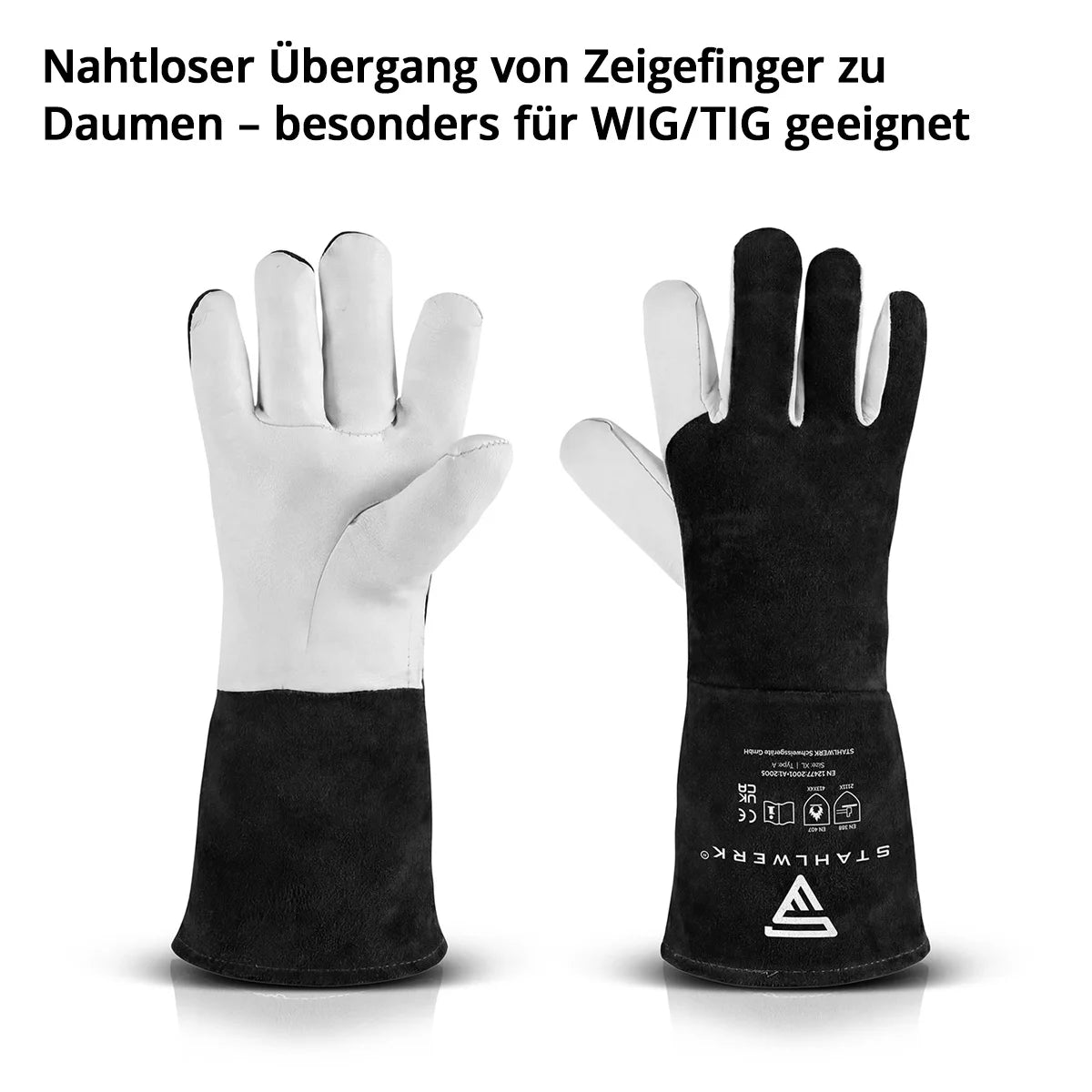 STAHLWERK Schweißerhandschuhe aus Echtleder | Hitzeschutzhandschuhe | Robustes Rindspaltleder | 34 cm Länge | Hitze- und feuerbeständige Arbeitshandschuhe | WIG, TIG, MIG MAG, MMA und Plasmaschneiden