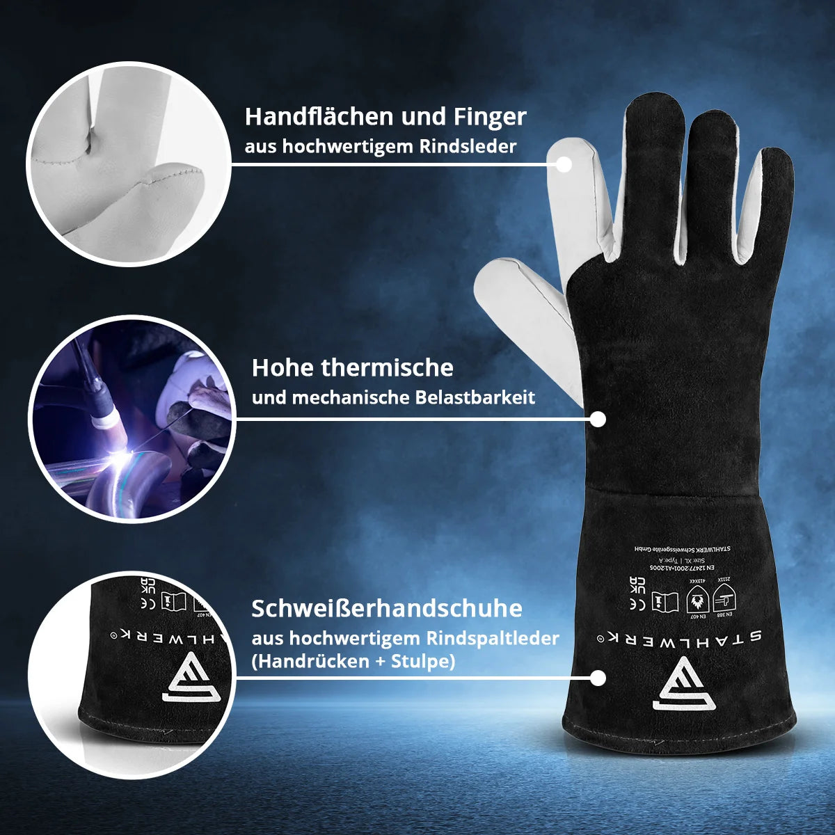 STAHLWERK Schweißerhandschuhe aus Echtleder | Hitzeschutzhandschuhe | Robustes Rindspaltleder | 34 cm Länge | Hitze- und feuerbeständige Arbeitshandschuhe | WIG, TIG, MIG MAG, MMA und Plasmaschneiden