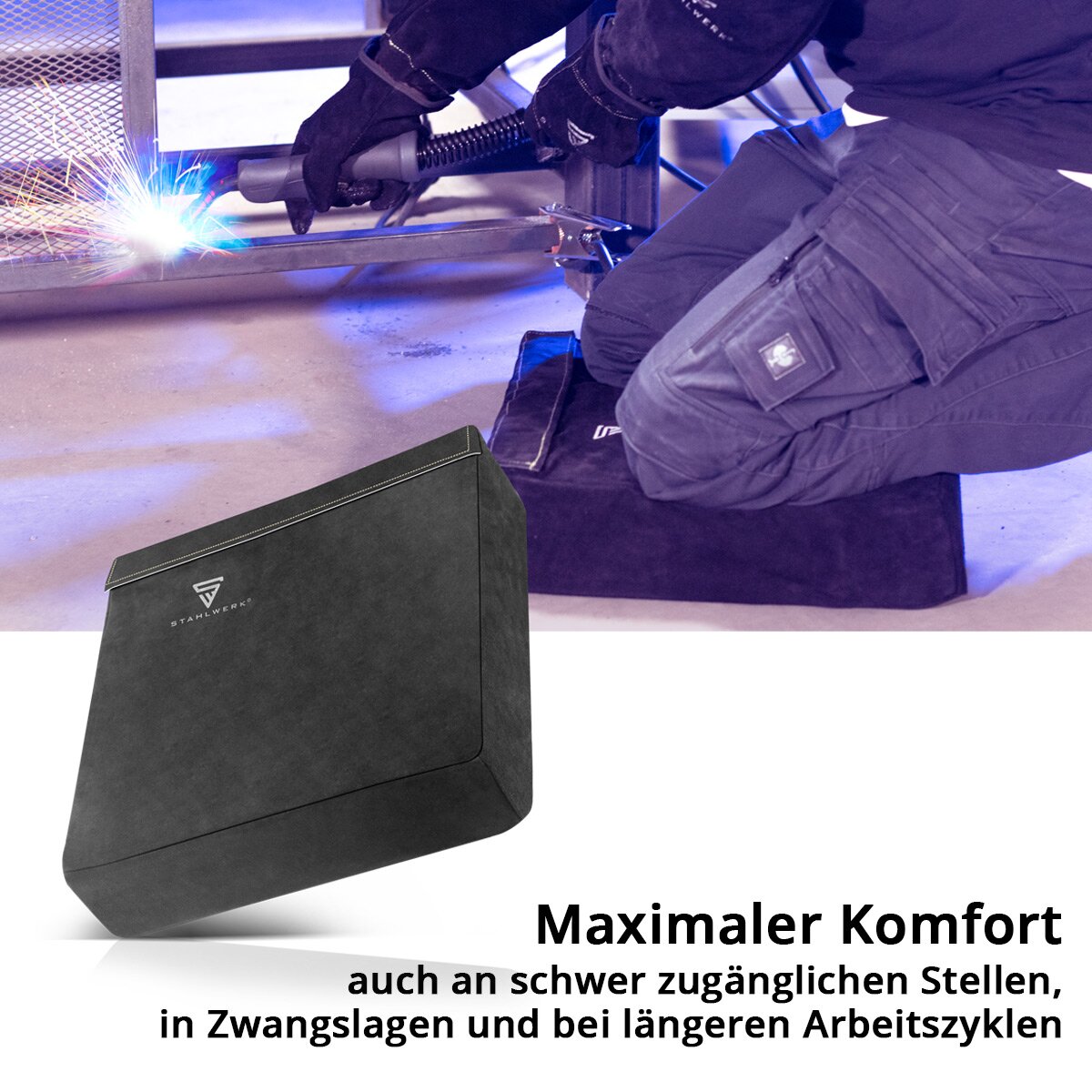 STAHLWERK Schweißerkissen | Sitzkissen | Kniekissen | Kniebrett | Schutzkissen 40 x 40 x 10 cm feuerfeste, flammhemmende Schweißunterlage aus hochwertigem Spaltleder zum Schweißen und Plasmaschneiden