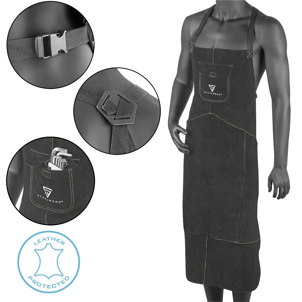 STAHLWERK Schweißerschürze | Schutzschürze | Lederschürze | Schmiedeschürze | Arbeitsschürze | Werkstattschürze | Schweißschürze aus hochwertigem Spaltleder zum Schweißen und Plasmaschneiden