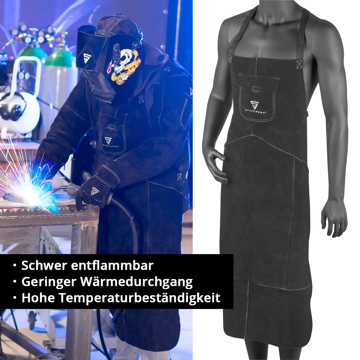 STAHLWERK Schweißerschürze | Schutzschürze | Lederschürze | Schmiedeschürze | Arbeitsschürze | Werkstattschürze | Schweißschürze aus hochwertigem Spaltleder zum Schweißen und Plasmaschneiden