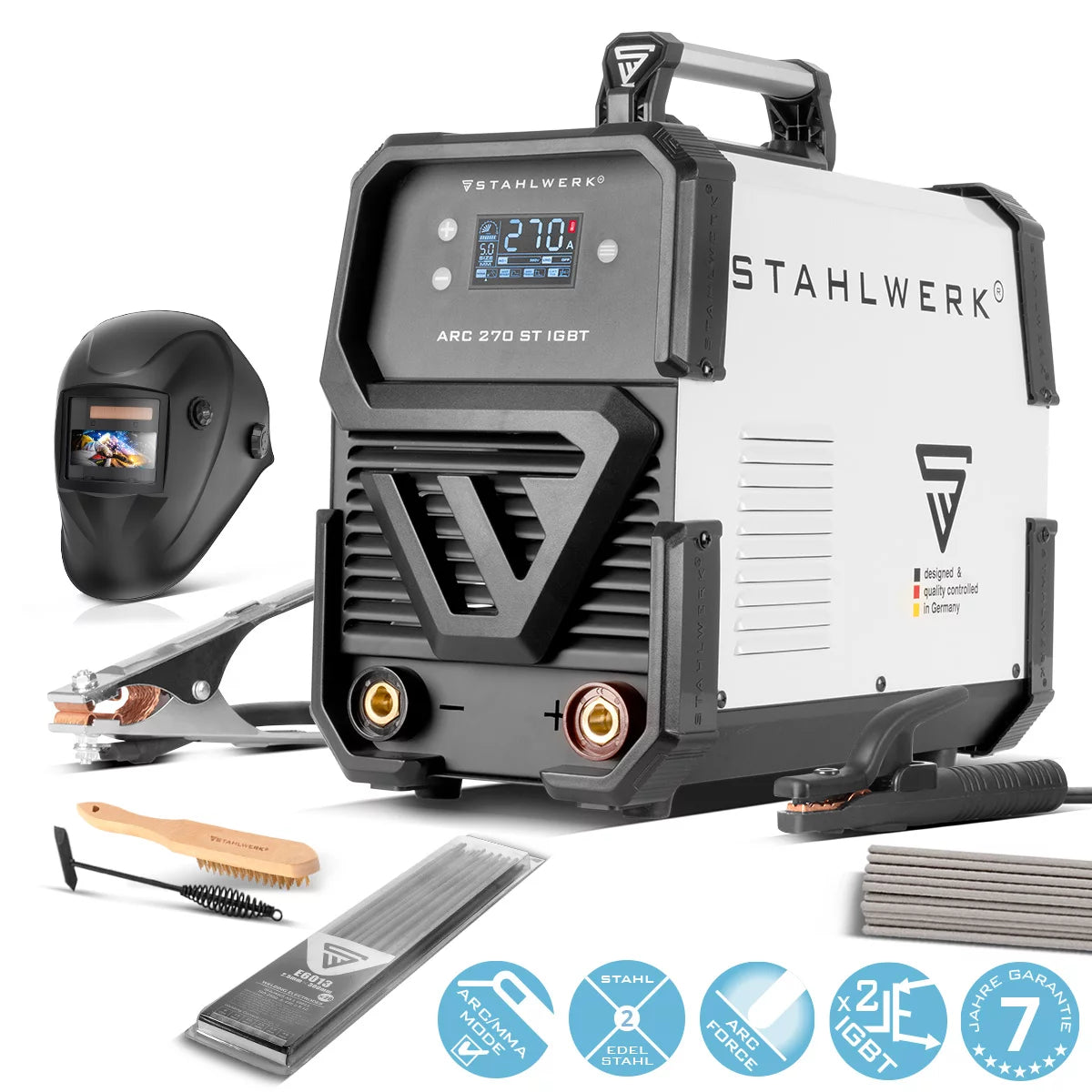 Stahlwerk Arc 270 ST Equipo completo Máquina de soldadura IGBT DC MMA / E-Hand Soldador, Función Lift-Tig con 270 amperios reales muy compactos, 400V, blanco