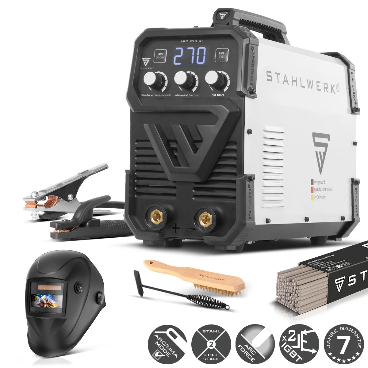 STAHLWERK ARC 270 ST Vollausstattung IGBT- Schweißgerät DC MMA / E-Hand Welder, Lift-TIG Funktion mit echten 270 Ampere sehr kompakt, 400V, weiß
