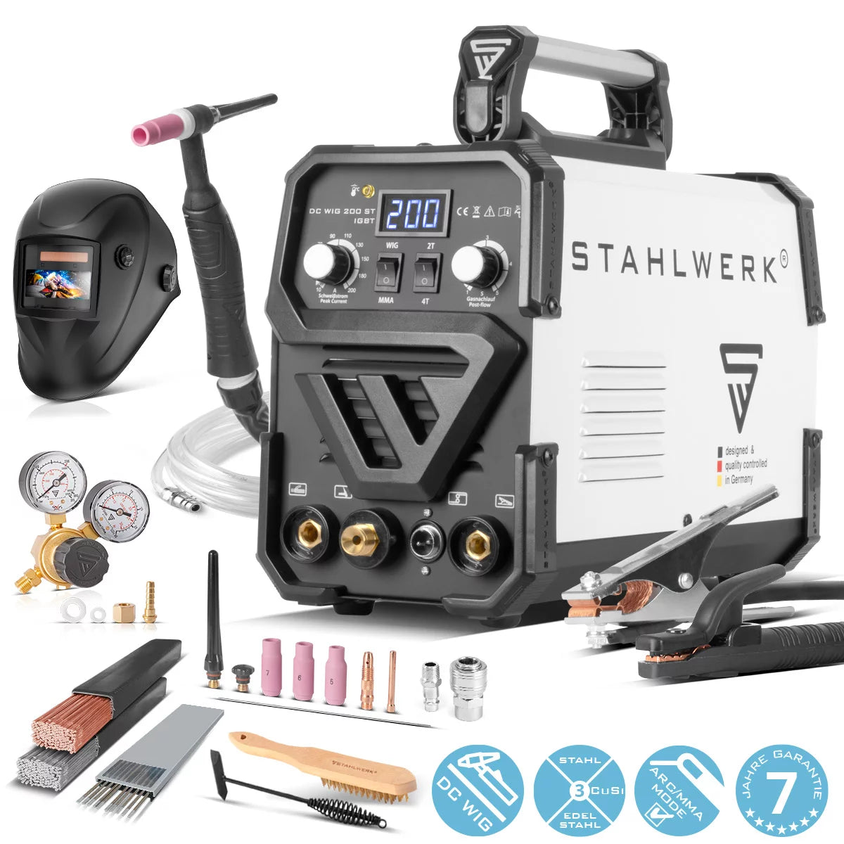 STAHLWERK DC WIG 200 ST IGBT - Vollaustattung Set - Kombi WIG Schweißgerät mit 200 A und MMA, Schweißen von Stahl, Edelstahl uvm. (kein ALU-Schweißen)