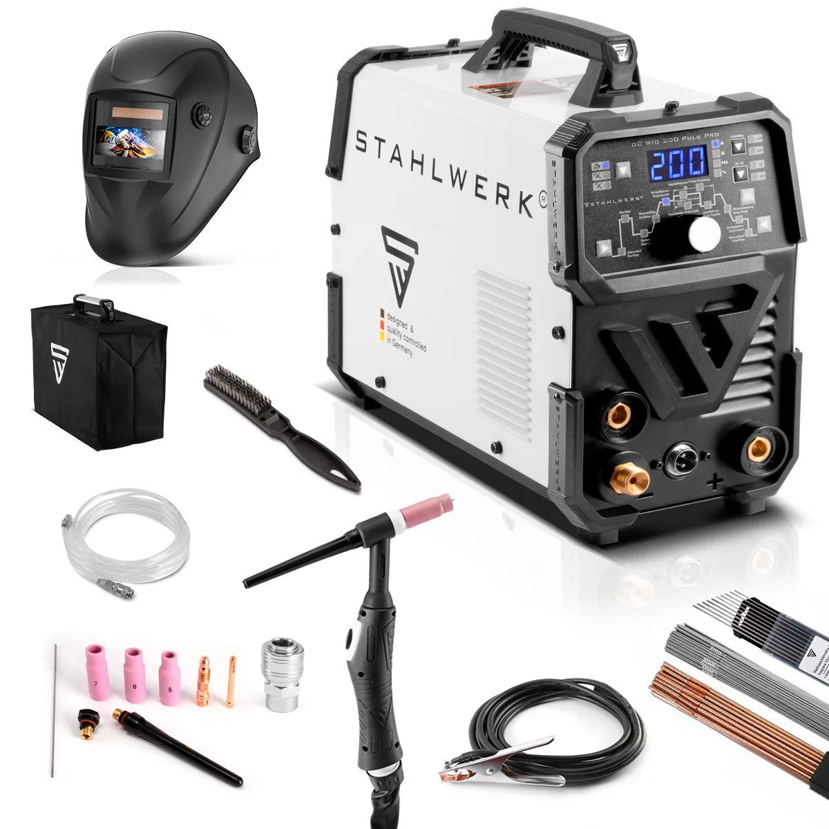 Máquina de soldadura 2-en-1-Combi de Steelworks DC WIG 200 PULS Máquina de soldadura de peluca profesional-digital Profull-Digital con función MMA E-Hand and Pulse, adecuada para chapa delgada de metal