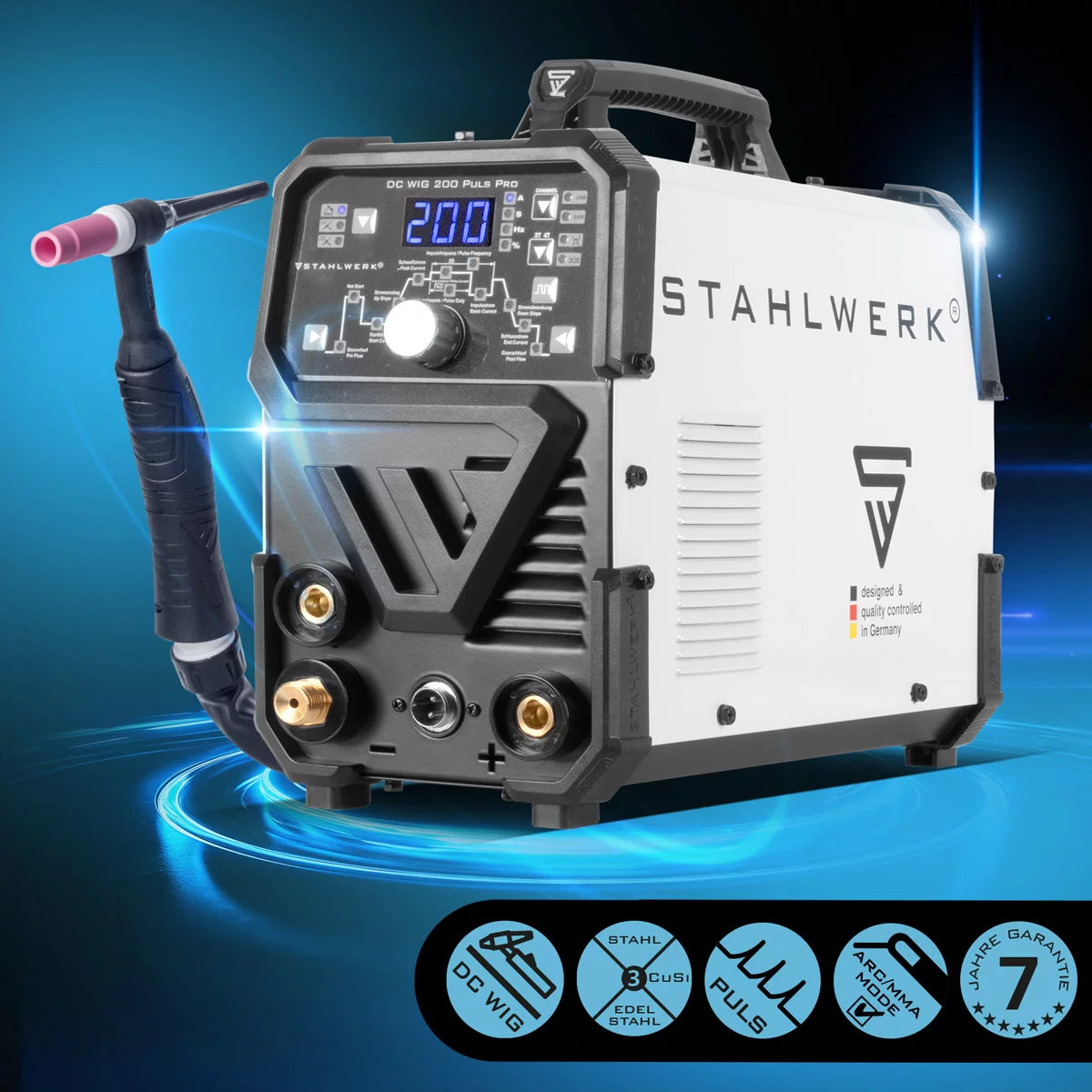 STAHLWERK DC TIG 200 Puls Pro totalmente equipada: soldadora TIG digital profesional con función manual y de pulso eléctrica MMA, adecuada para chapa fina