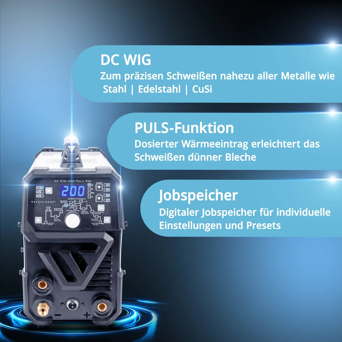 Máquina de soldadura 2-en-1-Combi de Steelworks DC WIG 200 PULS Máquina de soldadura de peluca profesional-digital Profull-Digital con función MMA E-Hand and Pulse, adecuada para chapa delgada de metal