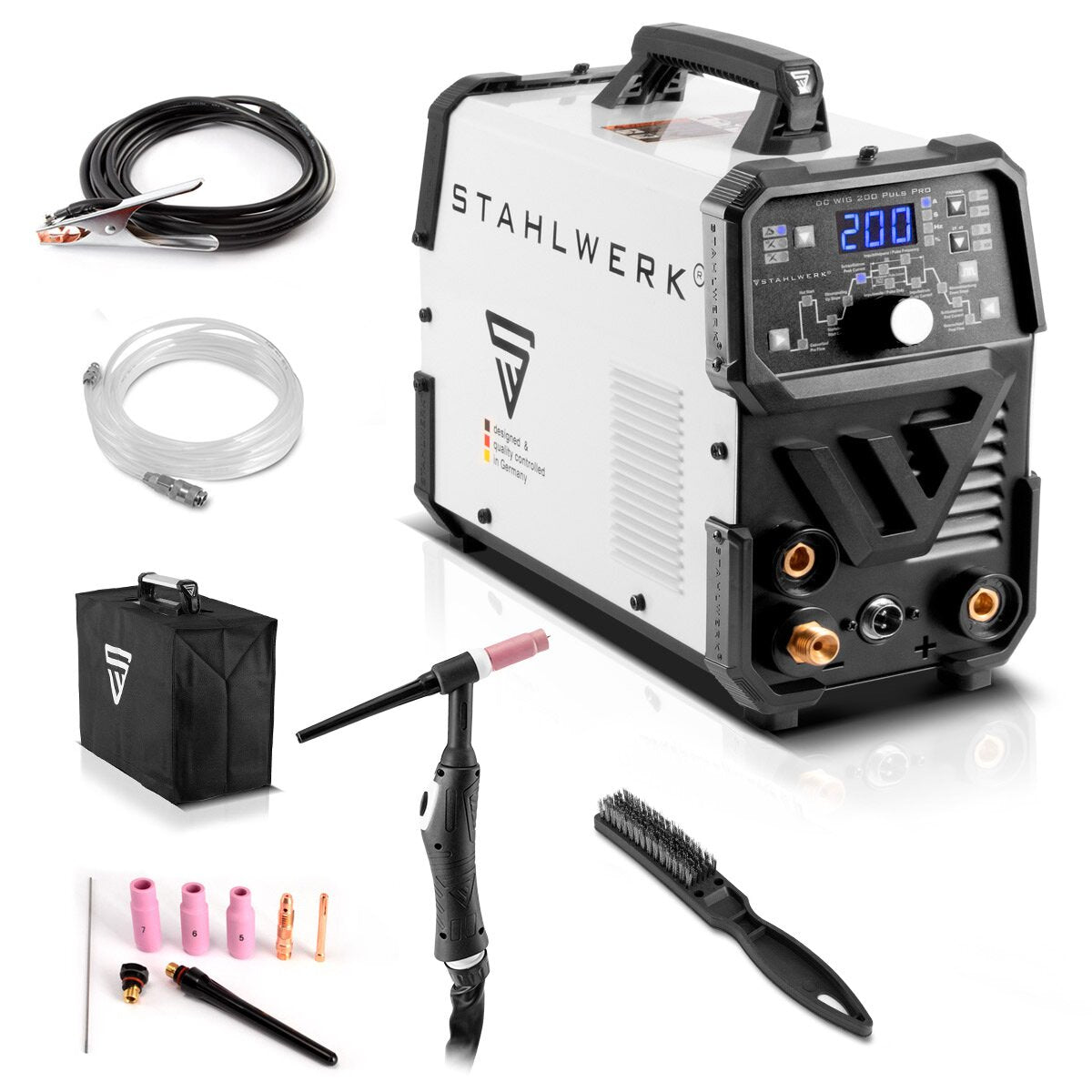 Máquina de soldadura 2-en-1-Combi de steelworks DC WIG 200 puls Máquina de soldadura de peluca profesional pro digital con función de pulso e mano e-mano y pulso de MMA, adecuado para chapa delgada de metal