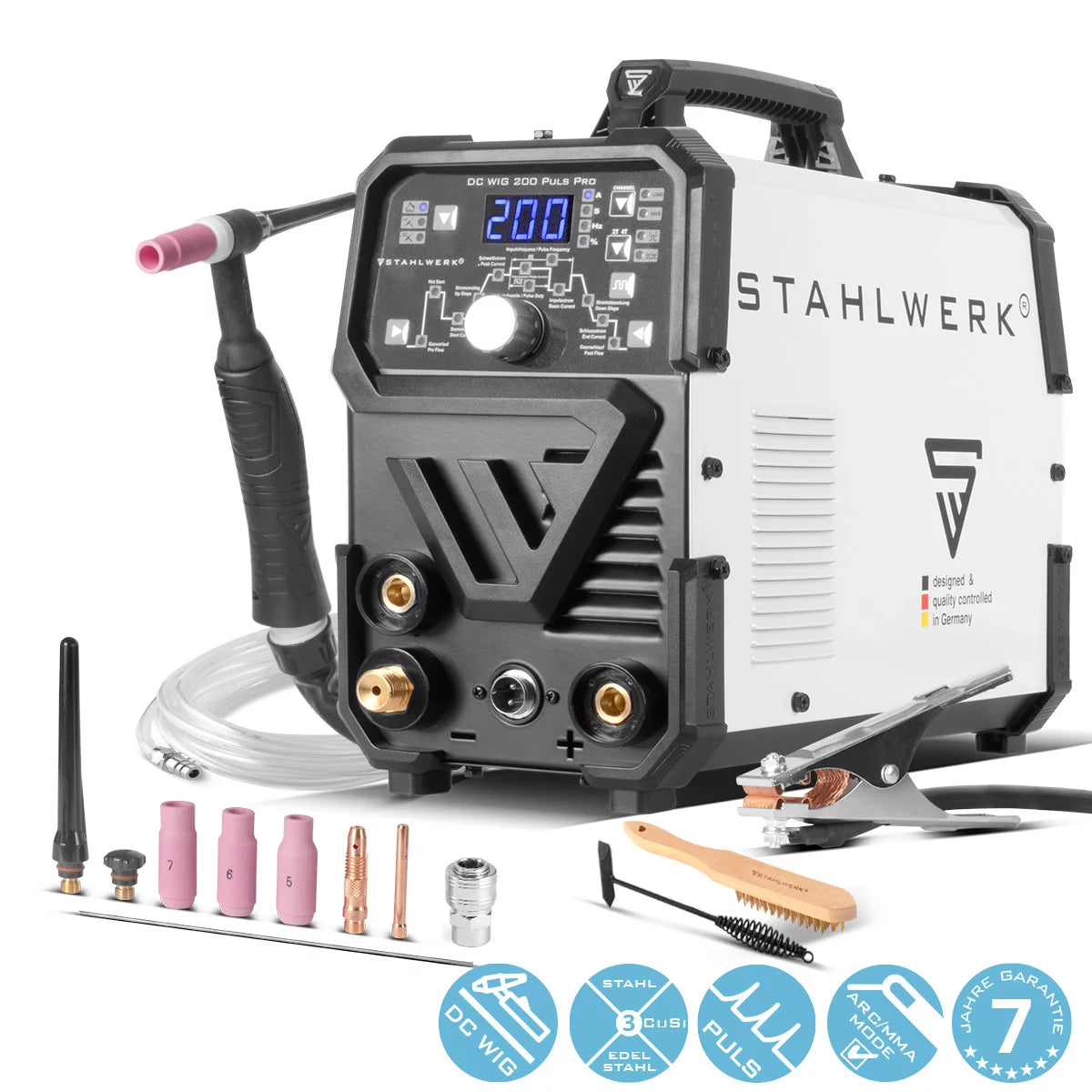 STAHLWERK 2-in-1-Kombi-Schweißgerät DC WIG 200 Puls Pro - Digitales Profi WIG Schweißgerät mit MMA E-Hand und Pulsfunktion, für Dünnblech geeignet
