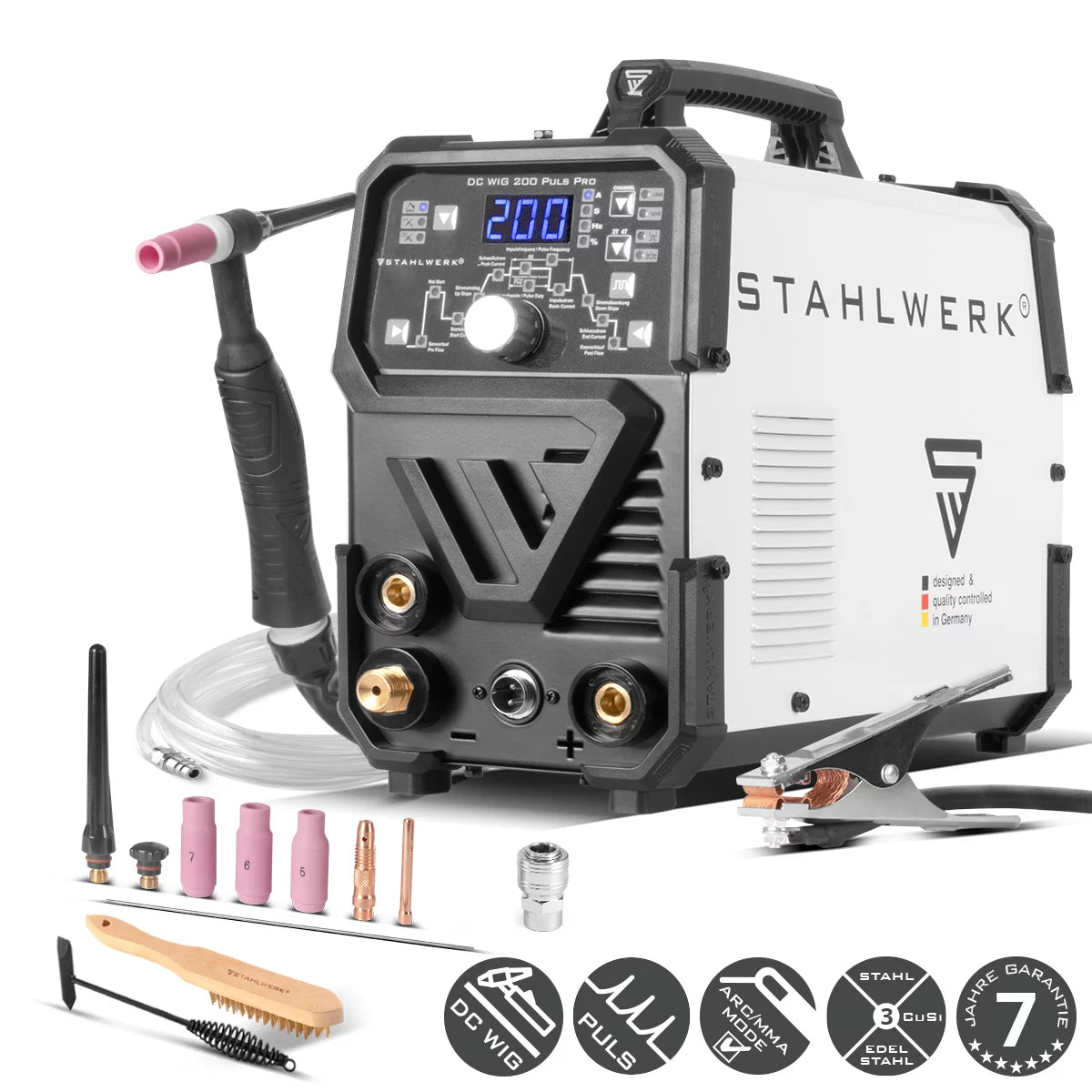 Máquina de soldadura 2-en-1-Combi de steelworks DC WIG 200 puls Máquina de soldadura de peluca profesional pro digital con función de pulso e mano e-mano y pulso de MMA, adecuado para chapa delgada de metal
