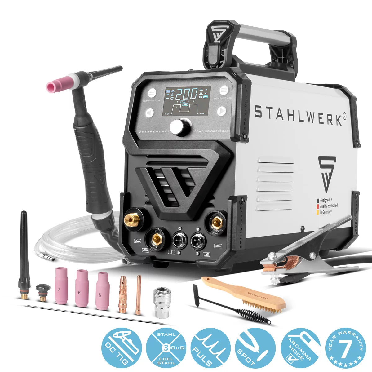 STAHLWERK 2-in-1-Kombi-Schweißgerät DC WIG 200 Puls ST Digital - Digitales Profi WIG Schweißgerät mit MMA | E-Hand und Pulsfunktion | IGBT-Inverter mit LED Display | für Dünnblech geeignet