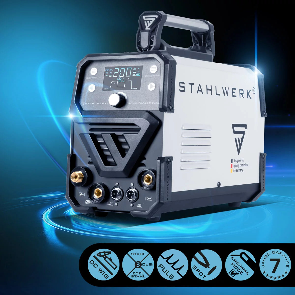 STAHLWERK 2-in-1-Kombi-Schweißgerät DC WIG 200 Puls ST Digital - Digitales Profi WIG Schweißgerät mit MMA | E-Hand und Pulsfunktion | IGBT-Inverter mit LED Display | für Dünnblech geeignet