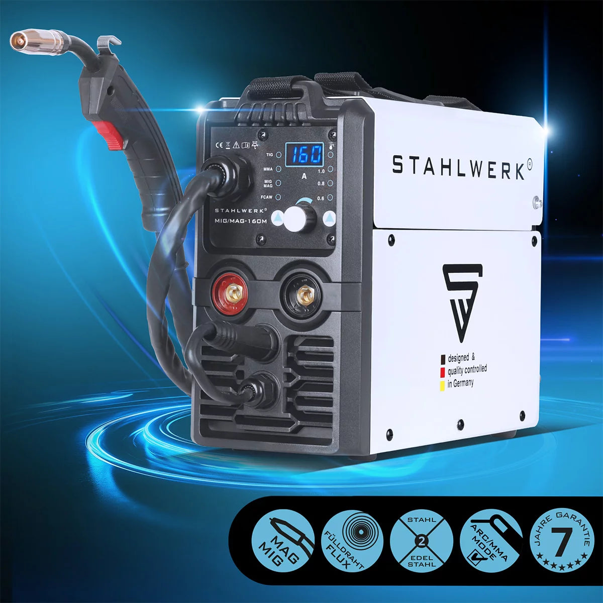 STAHLWERK MIG MAG 160 M Vollausstattung IGBT-Schweißgerät Vollsynergisches 5 in 1 Kombigerät mit echten 160 Ampere und 2 Rollen Antrieb / Fülldraht, MIG MAG, ARC MMA, Lift TIG