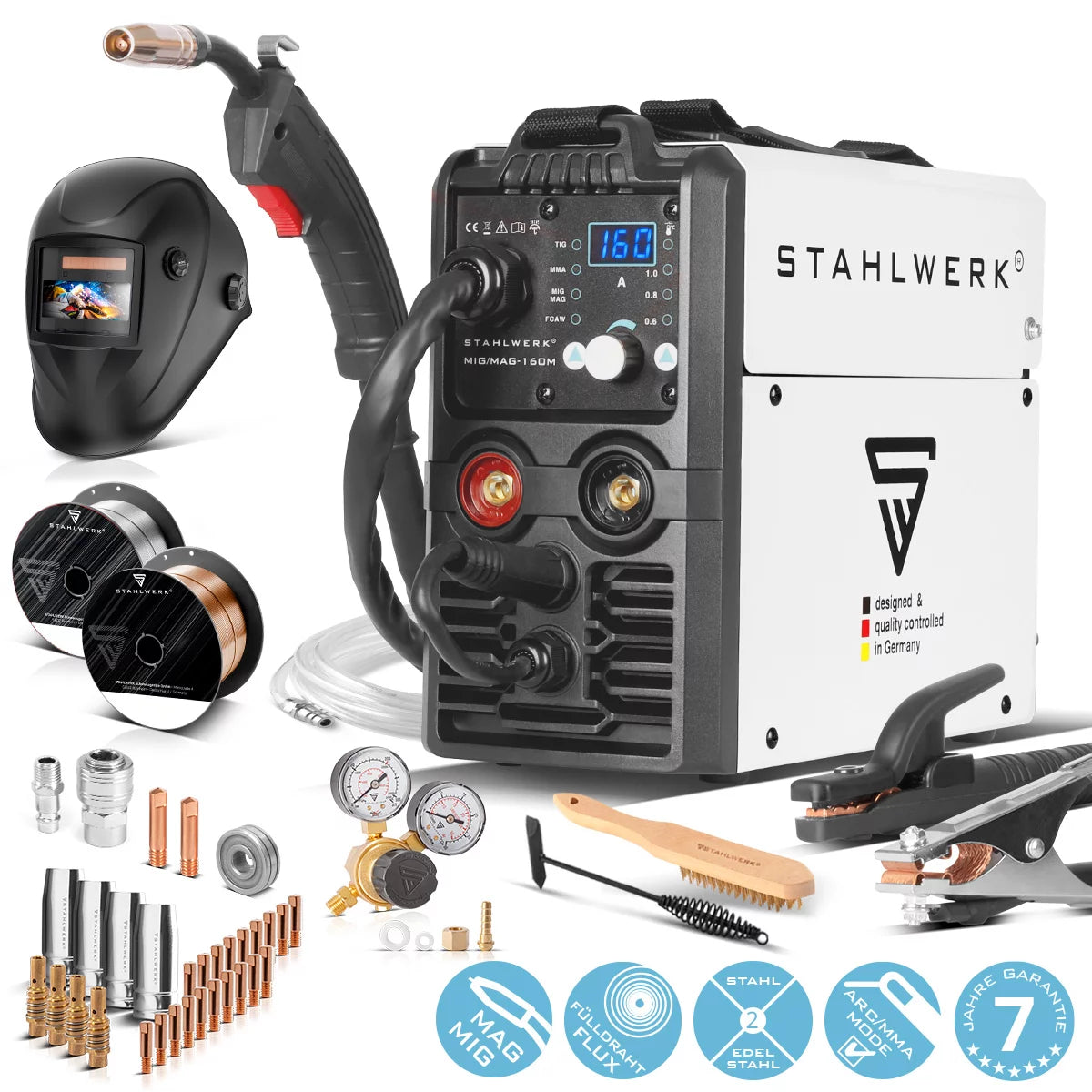 STAHLWERK MIG MAG 160 M Vollausstattung IGBT-Schweißgerät Vollsynergisches 5 in 1 Kombigerät mit echten 160 Ampere und 2 Rollen Antrieb / Fülldraht, MIG MAG, ARC MMA, Lift TIG