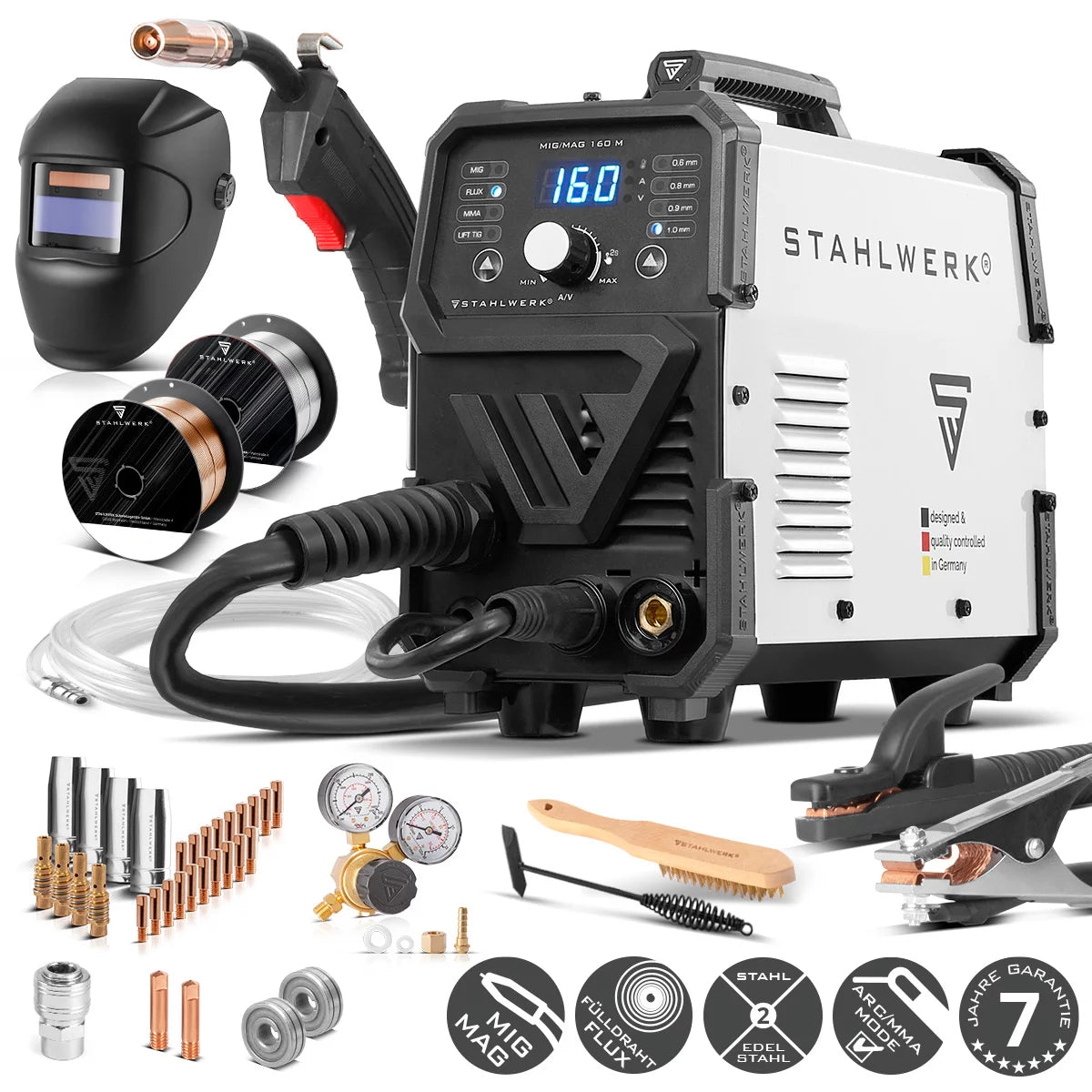 STAHLWERK MIG MAG 160 M Fully equipped welding machine Fully synergic 5 in 1 combination device with real 160 amps and 2 rolls of drive/cored wire, MIG MAG, ARC MMA, Lift TIG