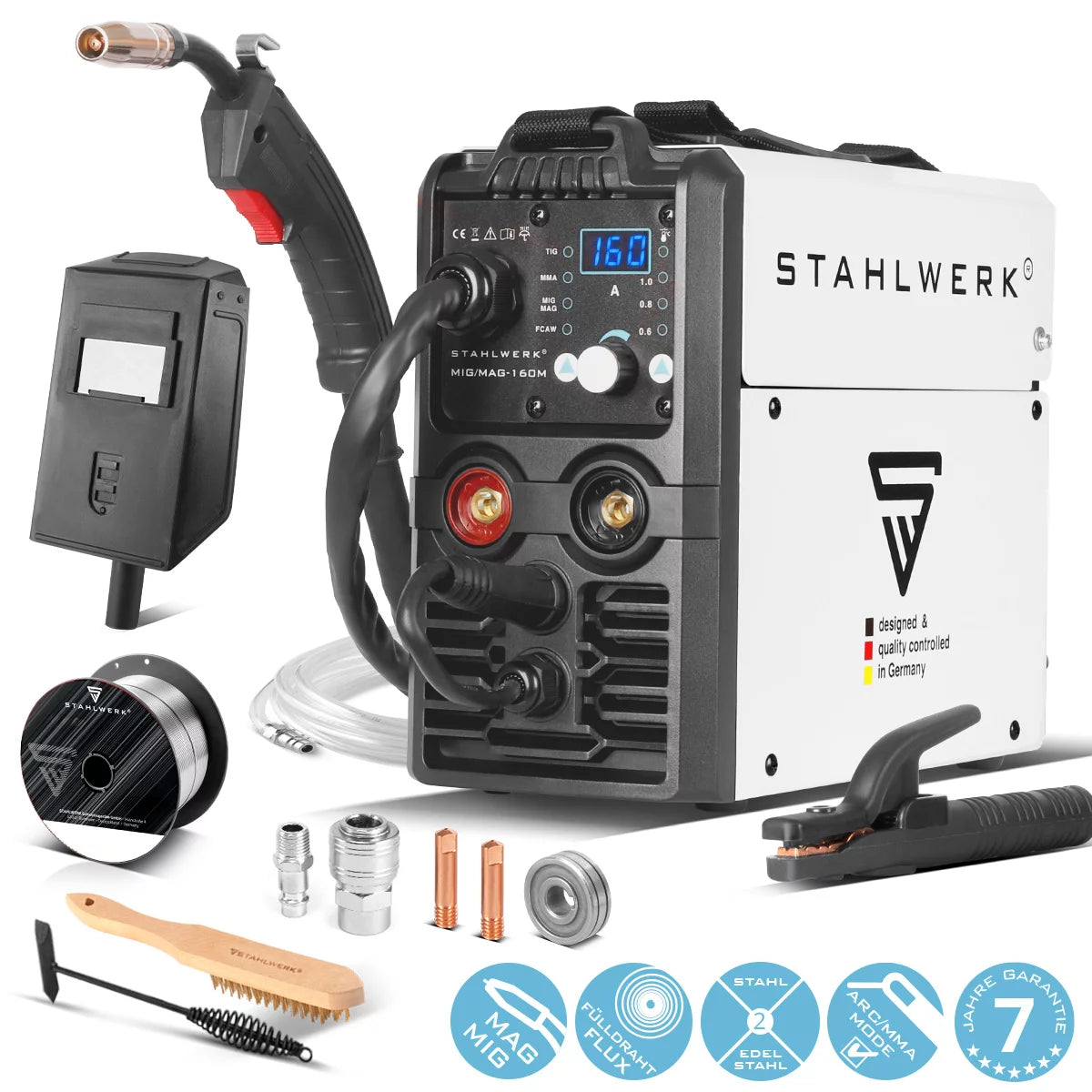 STAHLWERK Schweißgerät MIG MAG 160 M IGBT / Vollsynergisches 5 in 1 Kombigerät mit echten 160 Ampere und 2-Rollen Antrieb / Fülldraht, MIG MAG, ARC MMA, Lift TIG