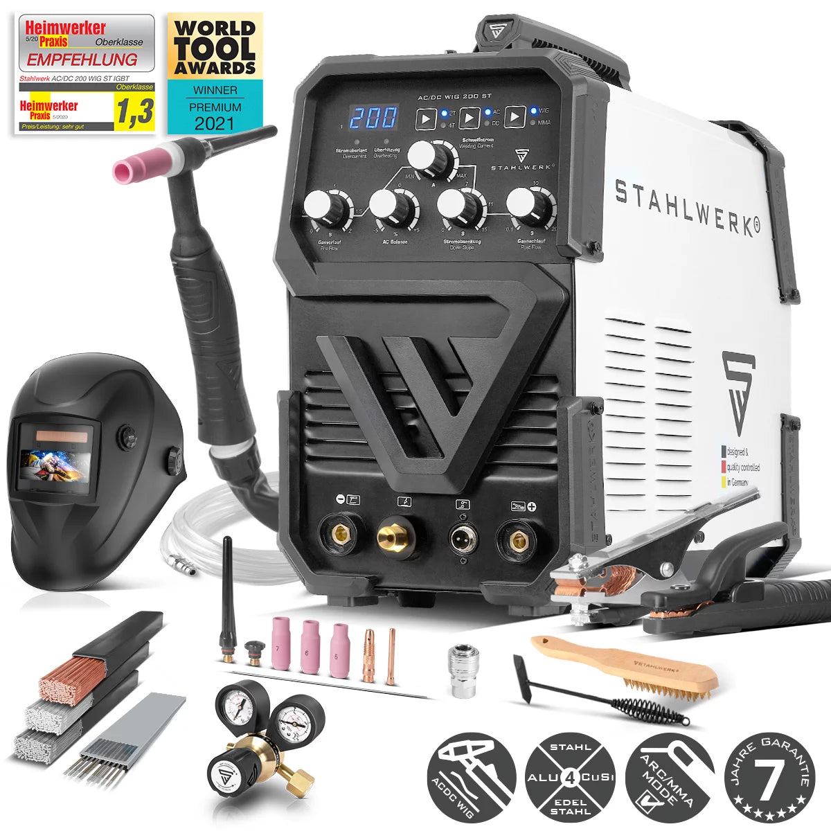 STAHLWERK AC/DC WIG 200 ST IGBT Vollausstattung, Kombi Schweißgerät mit 200 Ampere WIG MMA, Aluminium schweißen