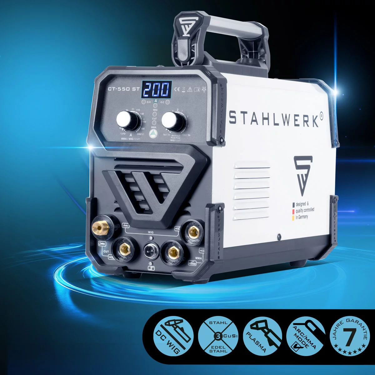 STAHLWERK 3 in 1 Kombi-Schweißgerät CT 550 ST IGBT mit Elektroden- und Plasma-Funktion / DC WIG MMA Schweißgerät mit Plasmaschneider bis 12mm, 200 Ampere WIG/MMA + 50 A  CUT
