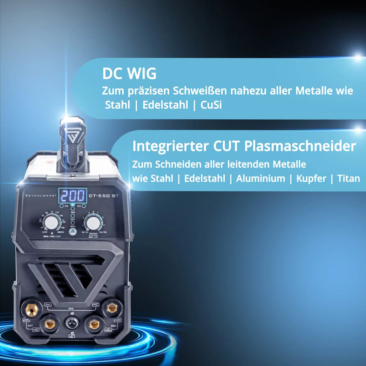 Steelworks 3 arada 1 Kombi Kaynak Cihazı CT 550 ST IGBT Elektrod ve Plazma Fonksiyonu / DC WIG MMA Kaynak cihazı 12mm'ye kadar plazma kesici, 200 amper peruk / mma + 50 A Cut