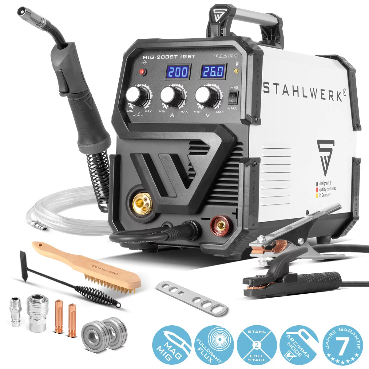 STAHLWERK MIG MAG 200 ST IGBT - MIG MAG Schutzgas Schweißgerät mit 200 Ampere, FLUX Fülldraht geeignet, mit MMA E-Hand