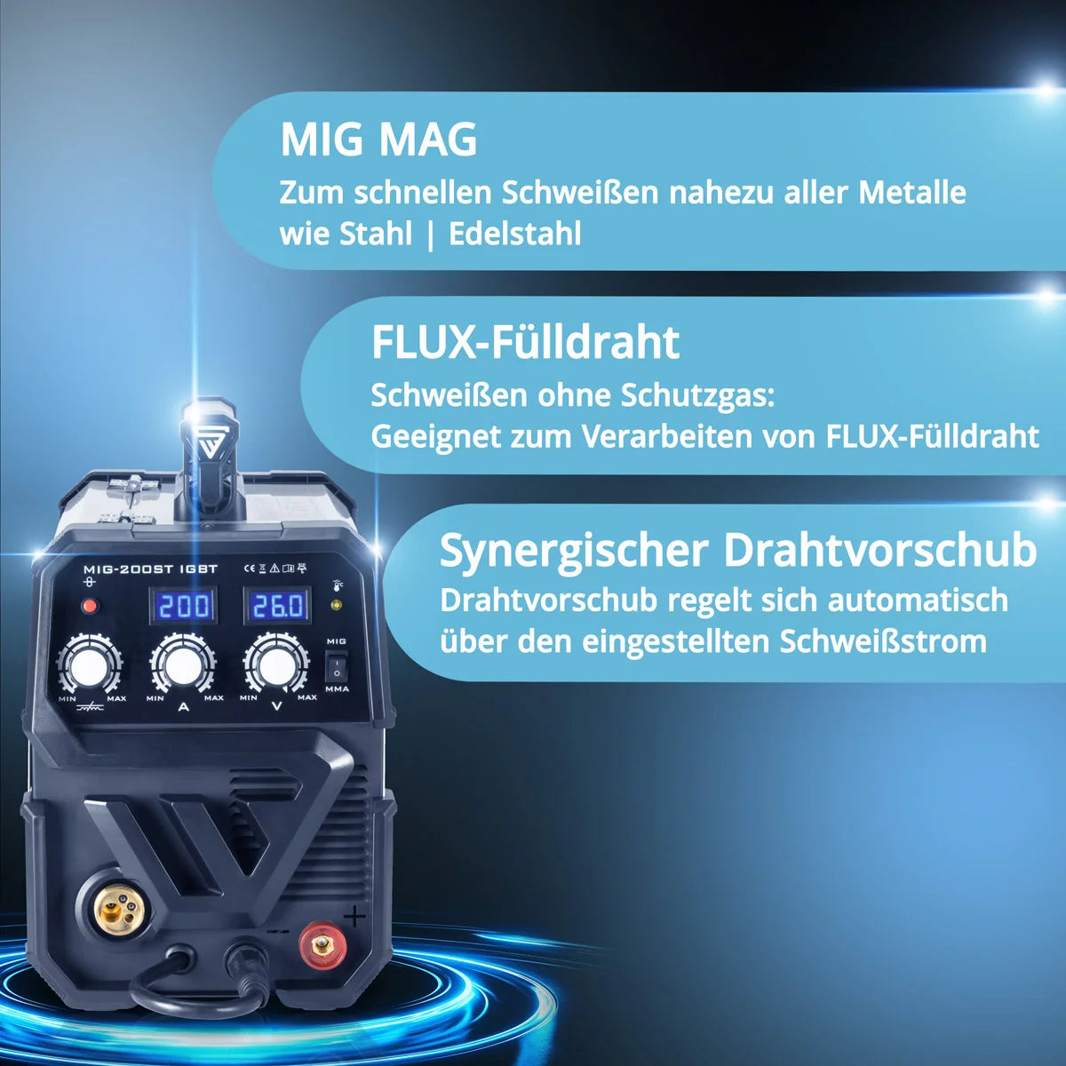 STAHLWERK MIG MAG 200 ST IGBT - MIG MAG Schutzgas Schweißgerät mit 200 Ampere, FLUX Fülldraht geeignet, mit MMA E-Hand