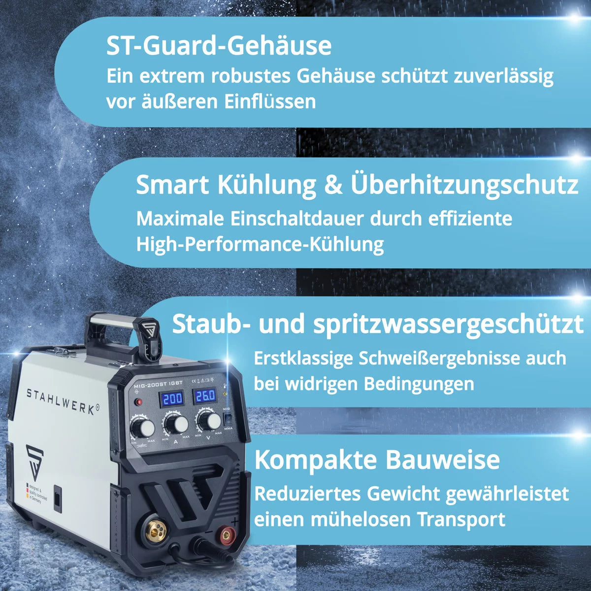 STAHLWERK MIG MAG 200 ST IGBT - MIG MAG Schutzgas Schweißgerät mit 200 Ampere, FLUX Fülldraht geeignet, mit MMA E-Hand