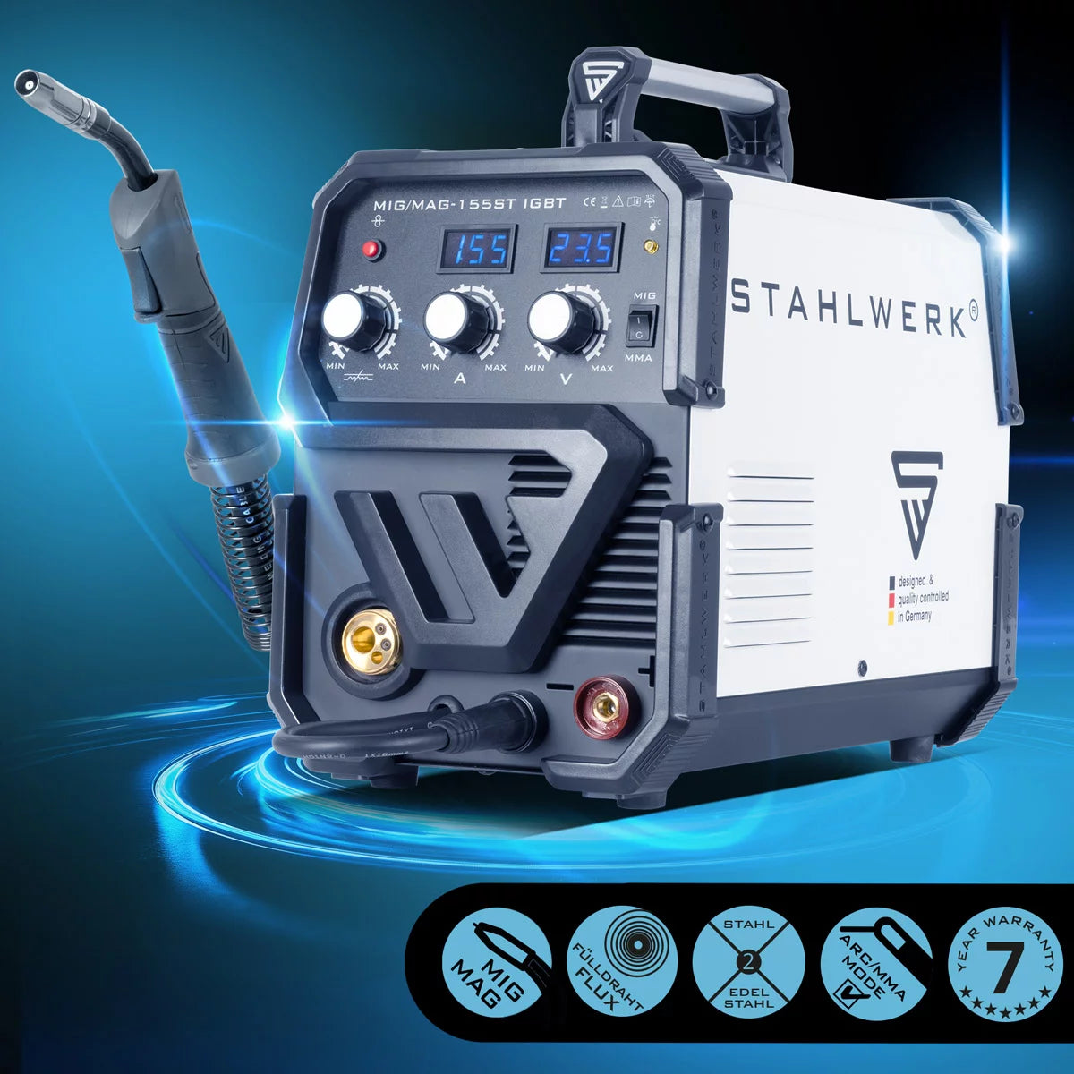 STAHLWERK welding machine MIG MAG 155 ST IGBT with synergic wire feed and real 155 amps / inert gas welding machine with MMA / E-hand