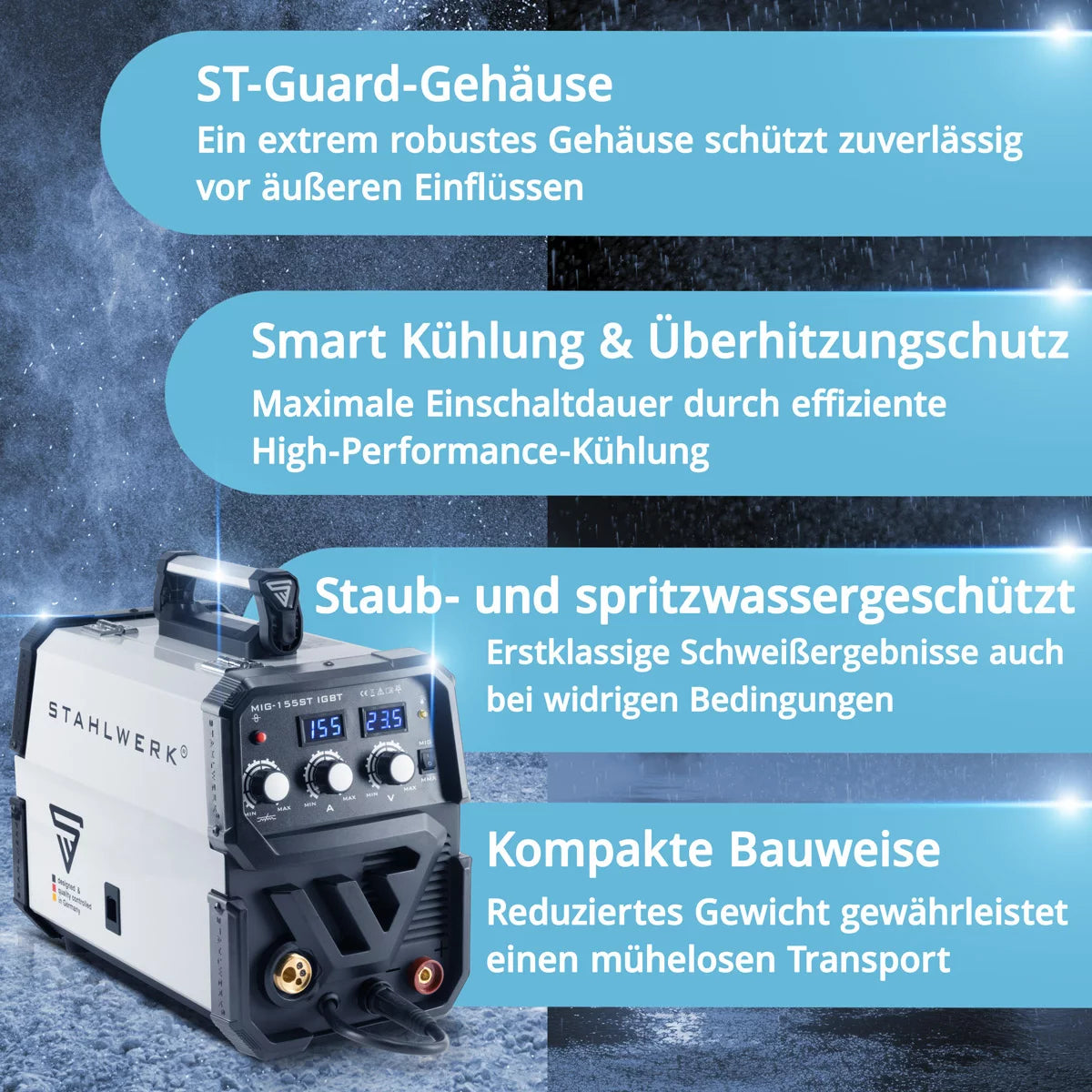 STAHLWERK welding machine MIG MAG 155 ST IGBT with synergic wire feed and real 155 amps / inert gas welding machine with MMA / E-hand