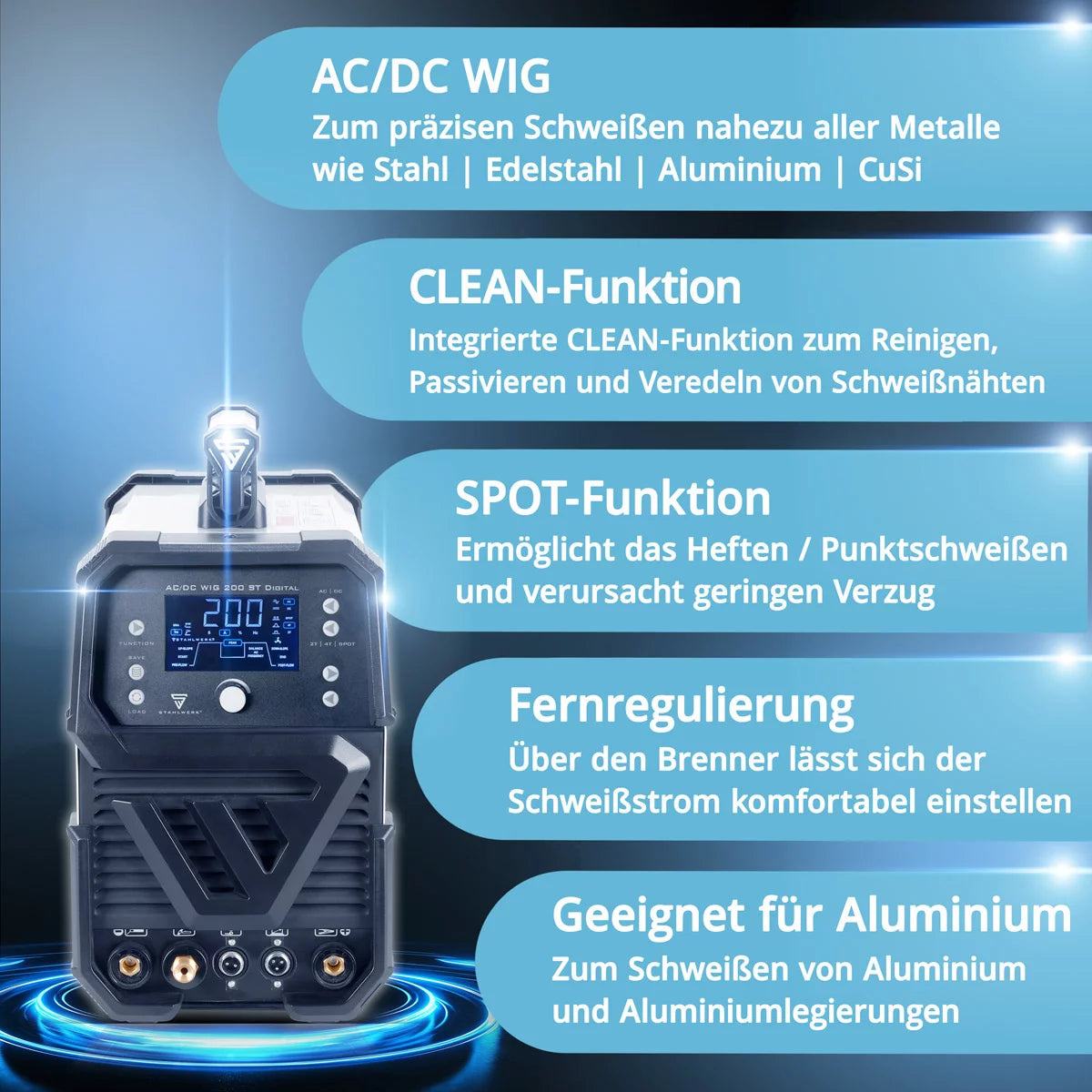 STAHLWERK Schweißgerät AC/DC WIG 200 ST Digital Vollausstattung | Kombi-Schweißgerät | Kombi-Schweißanlage | Alu-geeigneter WIG MMA Inverter mit 200 A und integrierter Clean-Funktion