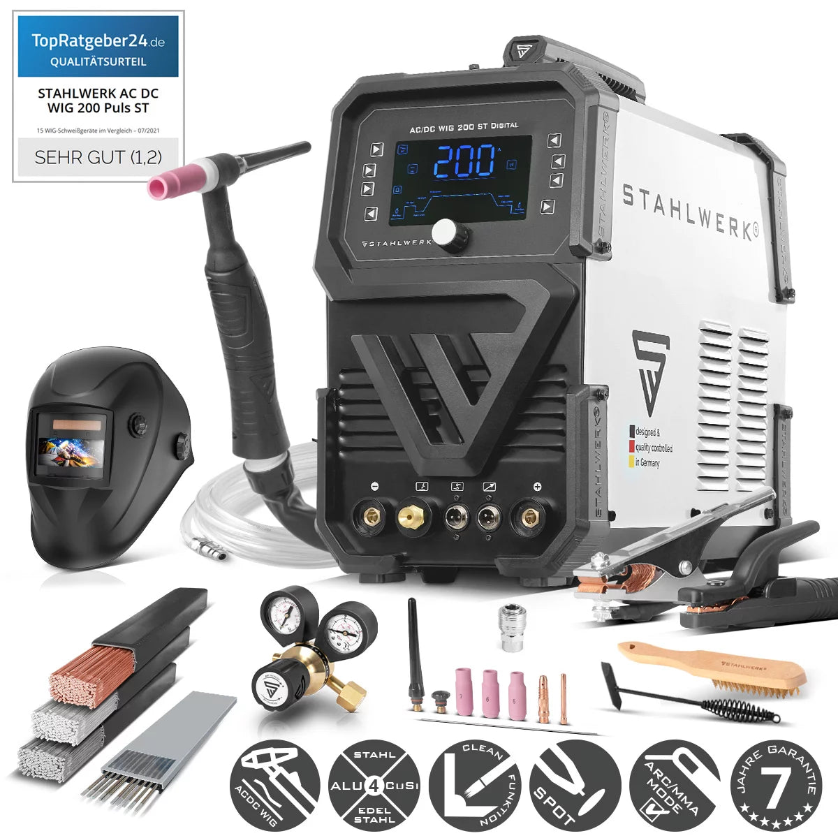STAHLWERK Schweißgerät AC/DC WIG 200 ST Digital 2026 Vollausstattung | Kombi-Schweißgerät | Kombi-Schweißanlage | Alu-geeigneter WIG MMA Inverter mit 200 A und integrierter Clean-Funktion