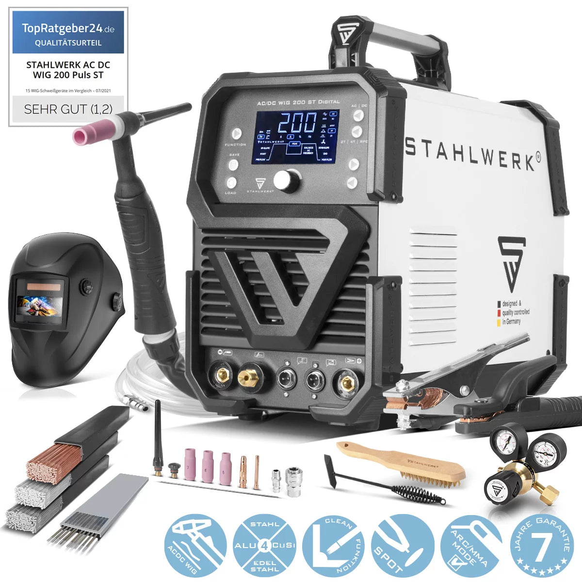 STAHLWERK Schweißgerät AC/DC WIG 200 ST Digital Vollausstattung | Kombi-Schweißgerät | Kombi-Schweißanlage | Alu-geeigneter WIG MMA Inverter mit 200 A und integrierter Clean-Funktion