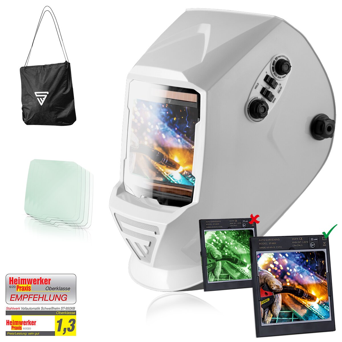 STAHLWERK ST-990 XW Vollautomatik Real Colour Schweißhelm mit 3-in-1-Funktion, weiß glänzend
