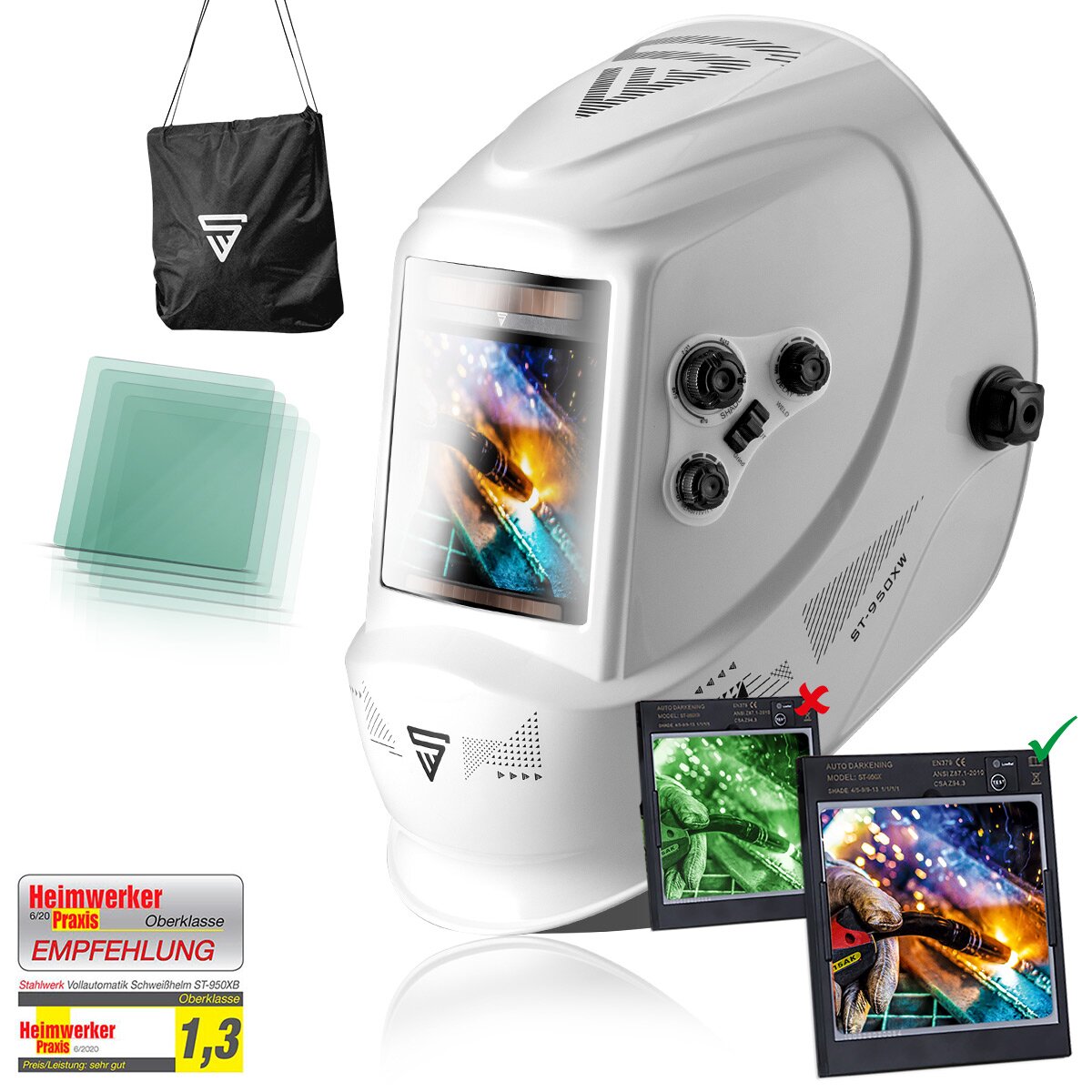 STAHLWERK Schweißhelm ST-950 XW Vollautomatik Real Colour mit 3 in 1 Funktion weiß glänzend