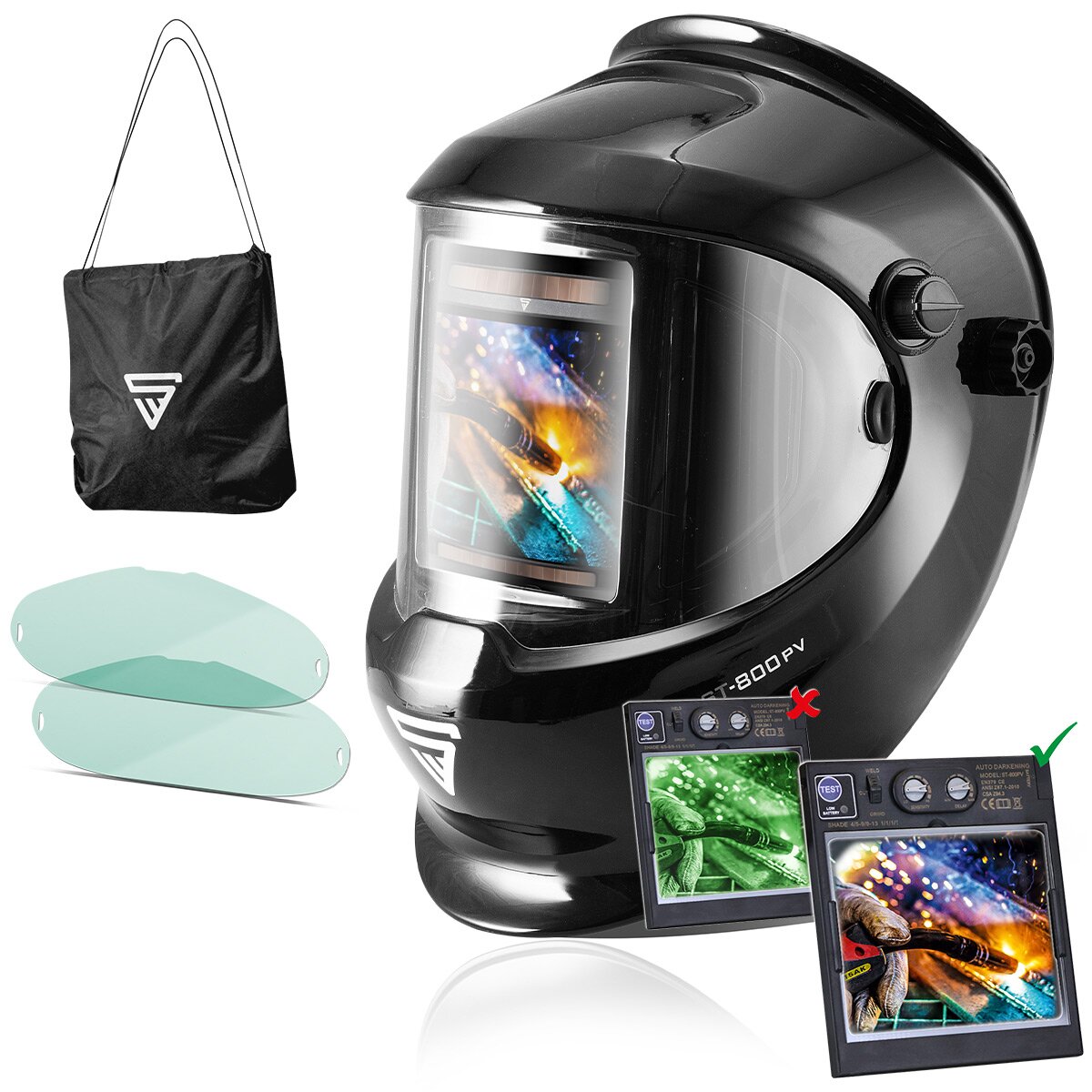 STAHLWERK Vollautomatik Real Colour Schweißhelm ST-800 PV, 3 in 1 Funktion, 180° Sichtfeld, schwarz glänzend, großes Sichtfeld, inkl. 2 Ersatzscheiben