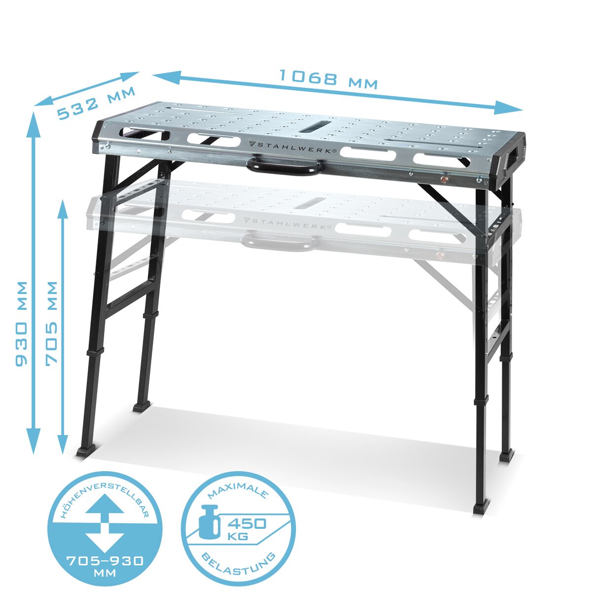 Steelworks Mobil Kaynak Tablosu AWT-930 ST 1068 x 532 mm Yükseklik ayarlanabilir, katlanabilir çalışma tezgahı | Çalışma Tablosu | 705 - 930 mm kaldırma alanı, 450 kg yük kapasitesi ve D20 delikli plakalı montaj masası