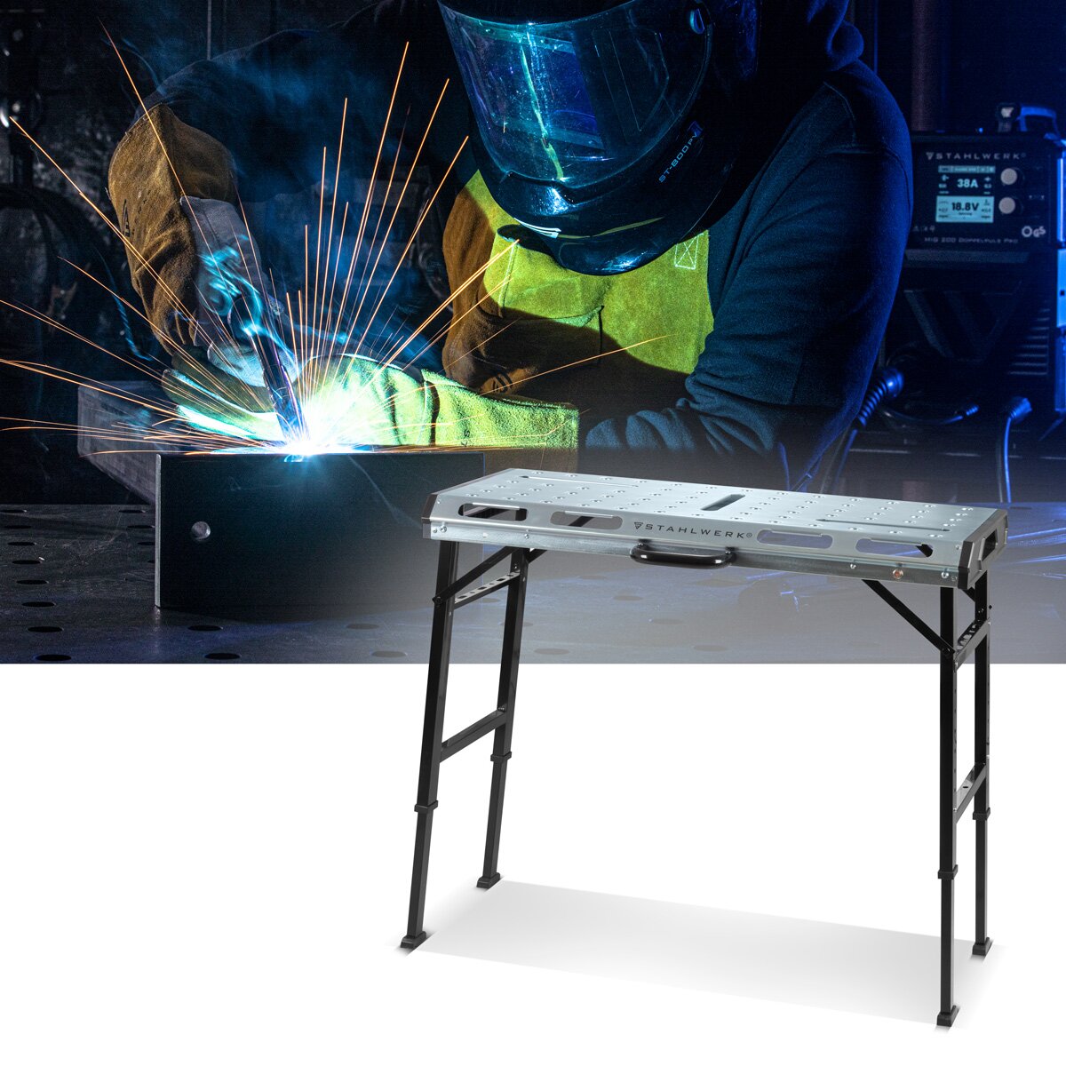 Steelworks Mobil Kaynak Tablosu AWT-930 ST 1068 x 532 mm Yükseklik ayarlanabilir, katlanabilir çalışma tezgahı | Çalışma Tablosu | 705 - 930 mm kaldırma alanı, 450 kg yük kapasitesi ve D20 delikli plakalı montaj masası