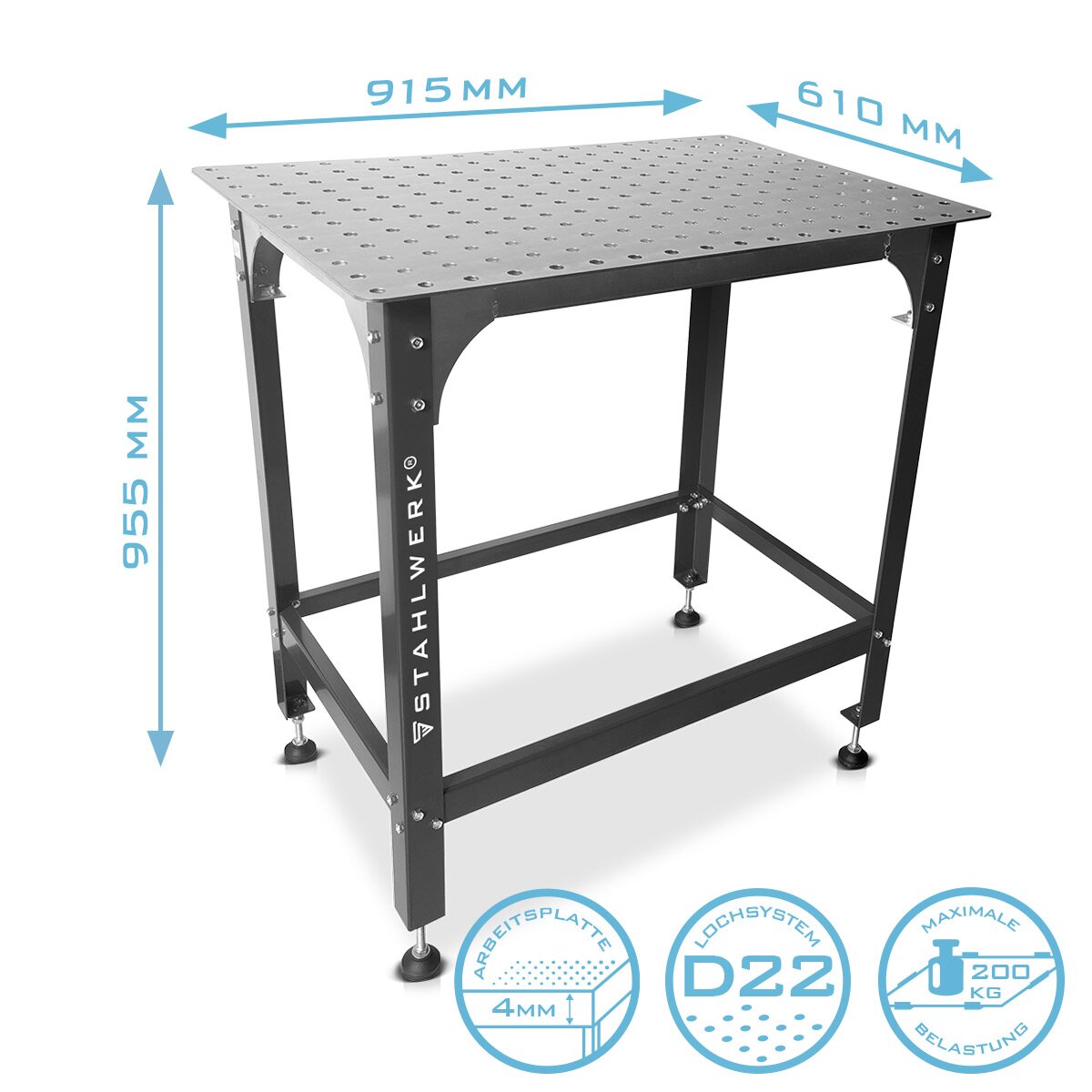 Tabella di saldatura in acciaio WT-955 ST 915 x 610 mm TABELLA GALVANIZZATO GALVANIZZATO con capacità di carico di 200 kg, piastra di punzonatura D22 e gambe rivestite di polvere