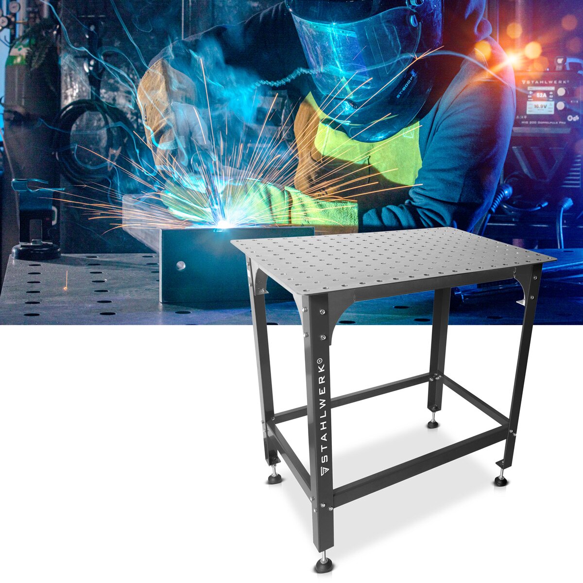 Tabella di saldatura in acciaio WT-955 ST 915 x 610 mm TABELLA GALVANIZZATO GALVANIZZATO con capacità di carico di 200 kg, piastra di punzonatura D22 e gambe rivestite di polvere