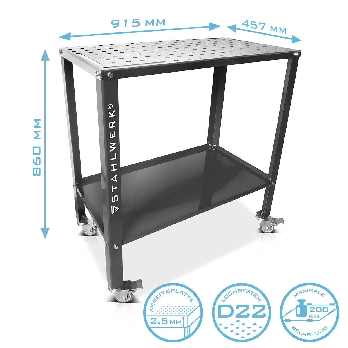 STAHLWERK Schweißtisch WT-960 ST 915 x 457 mm verzinkter Montagetisch mit 200 kg Tragkraft, D22 Lochplatte, pulverbeschichteten Beinen und Ablagefach