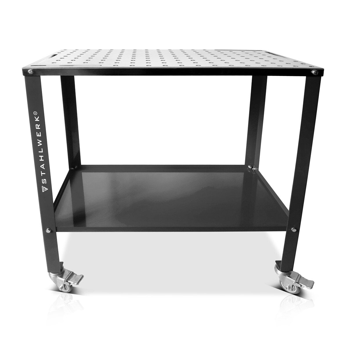 Table de soudage en acier WT-960 ST 915 x 457 mm Tableau d'assemblage galvanisé avec une capacité de charge de 200 kg, une plaque perforée D22, des jambes enrobées en poudre et un compartiment de stockage