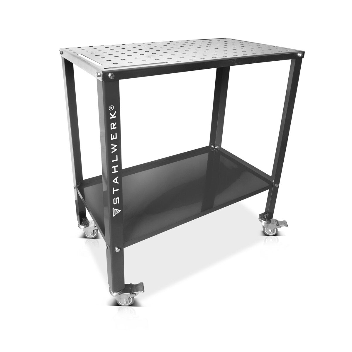 Table de soudage en acier WT-960 ST 915 x 457 mm Tableau d'assemblage galvanisé avec une capacité de charge de 200 kg, une plaque perforée D22, des jambes enrobées en poudre et un compartiment de stockage