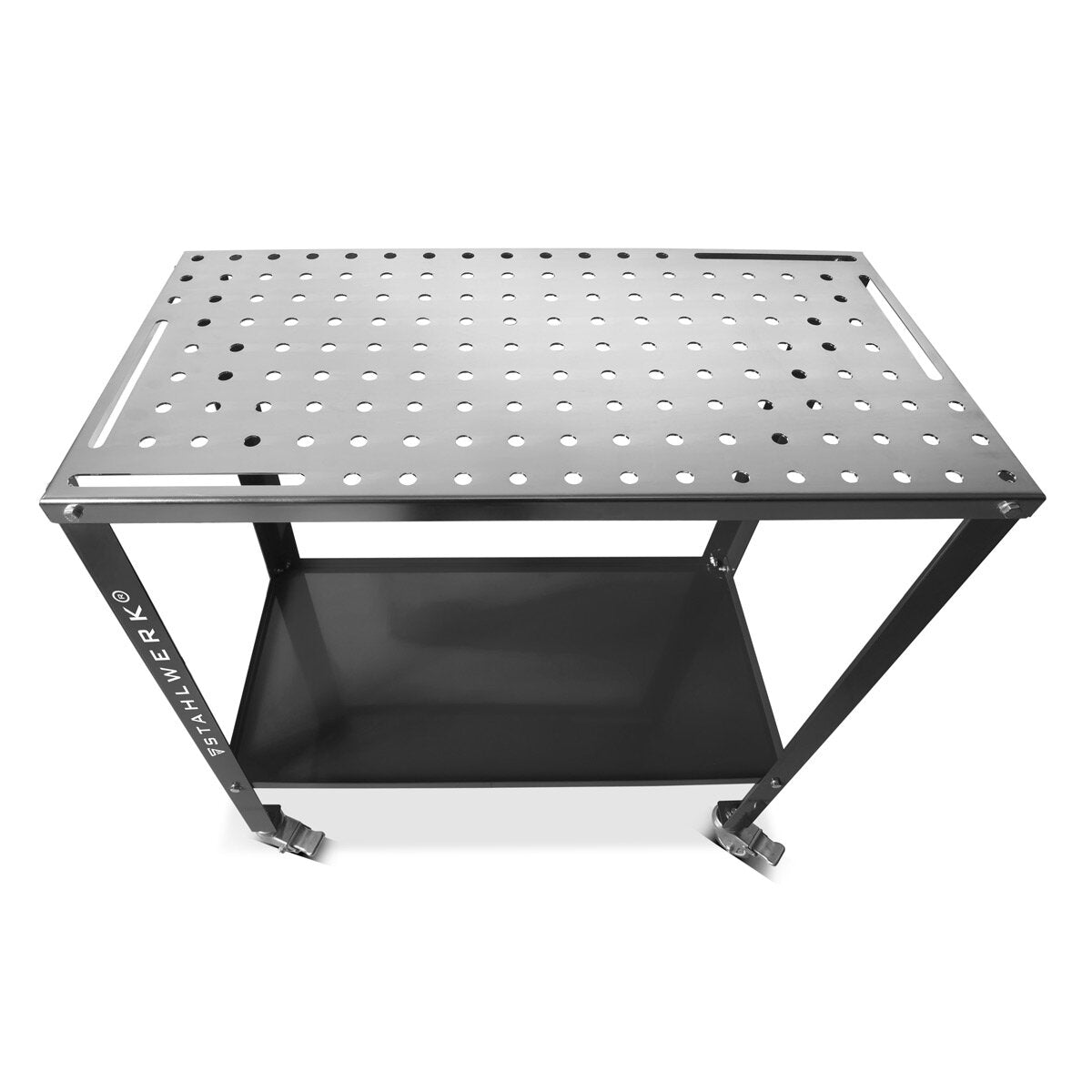 Table de soudage en acier WT-960 ST 915 x 457 mm Tableau d'assemblage galvanisé avec une capacité de charge de 200 kg, une plaque perforée D22, des jambes enrobées en poudre et un compartiment de stockage