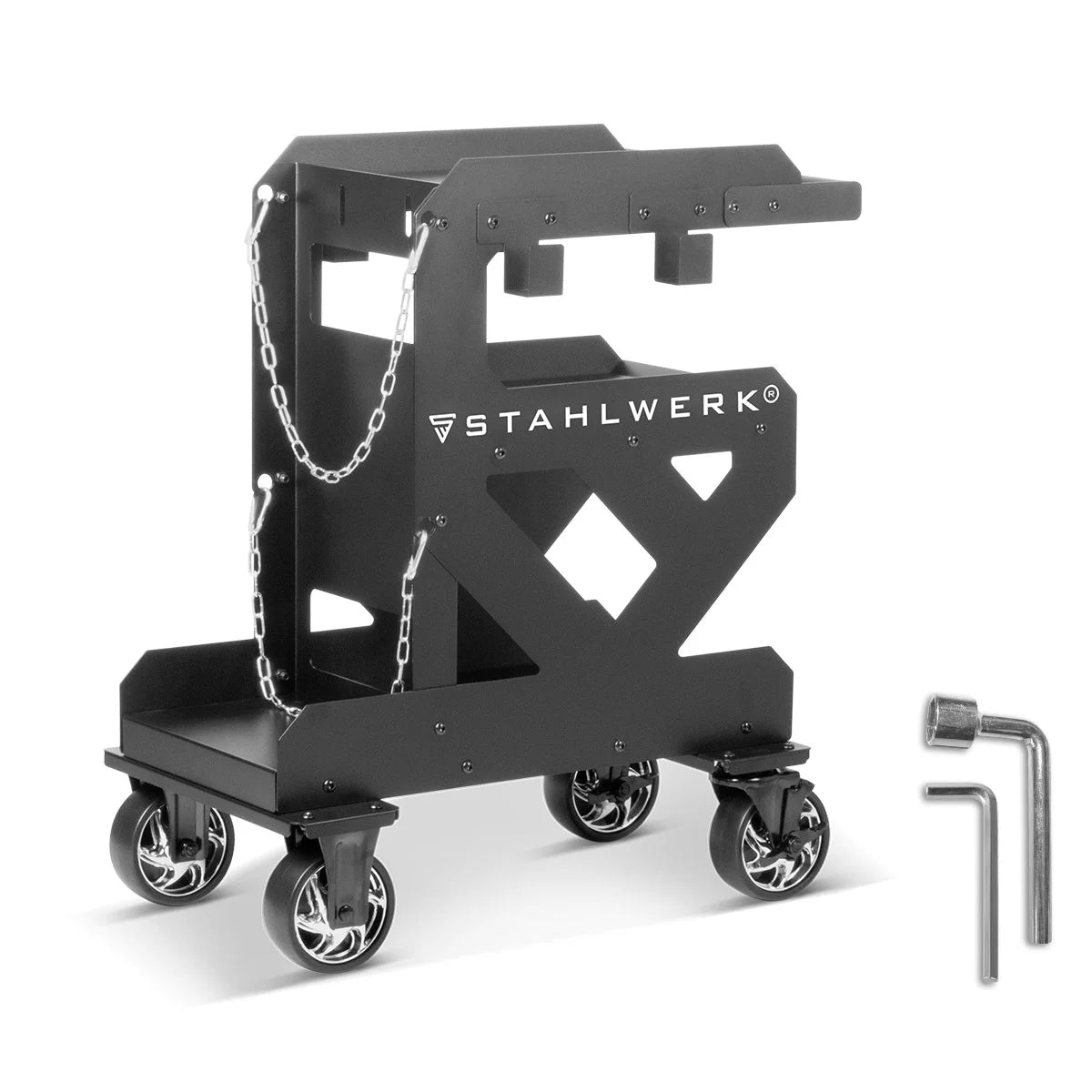STAHLWERK Schweisswagen SW-600-ST | 1,5 mm Wandstärke | Robuster Schweissgerätewagen | Plasmaschneider-Transportwagen mit Schlauch-und Kabelhalterung | Gasflaschen-Kettensicherung | Longlife-Gummirollen