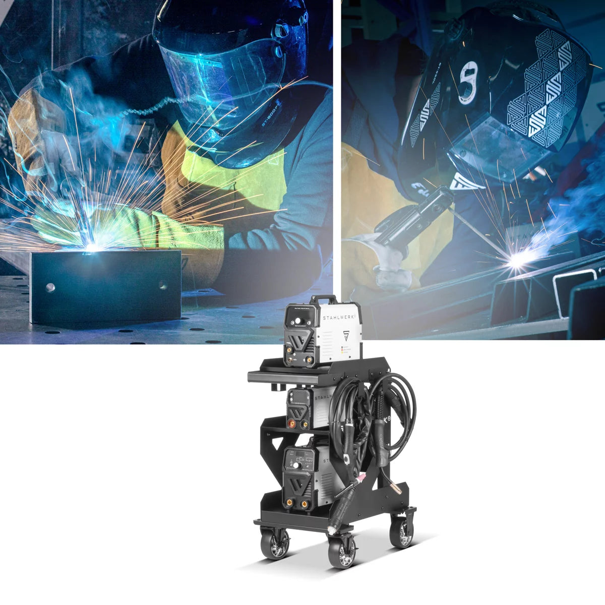 STAHLWERK Schweisswagen SW-600-ST | 1,5 mm Wandstärke | Robuster Schweissgerätewagen | Plasmaschneider-Transportwagen mit Schlauch-und Kabelhalterung | Gasflaschen-Kettensicherung | Longlife-Gummirollen