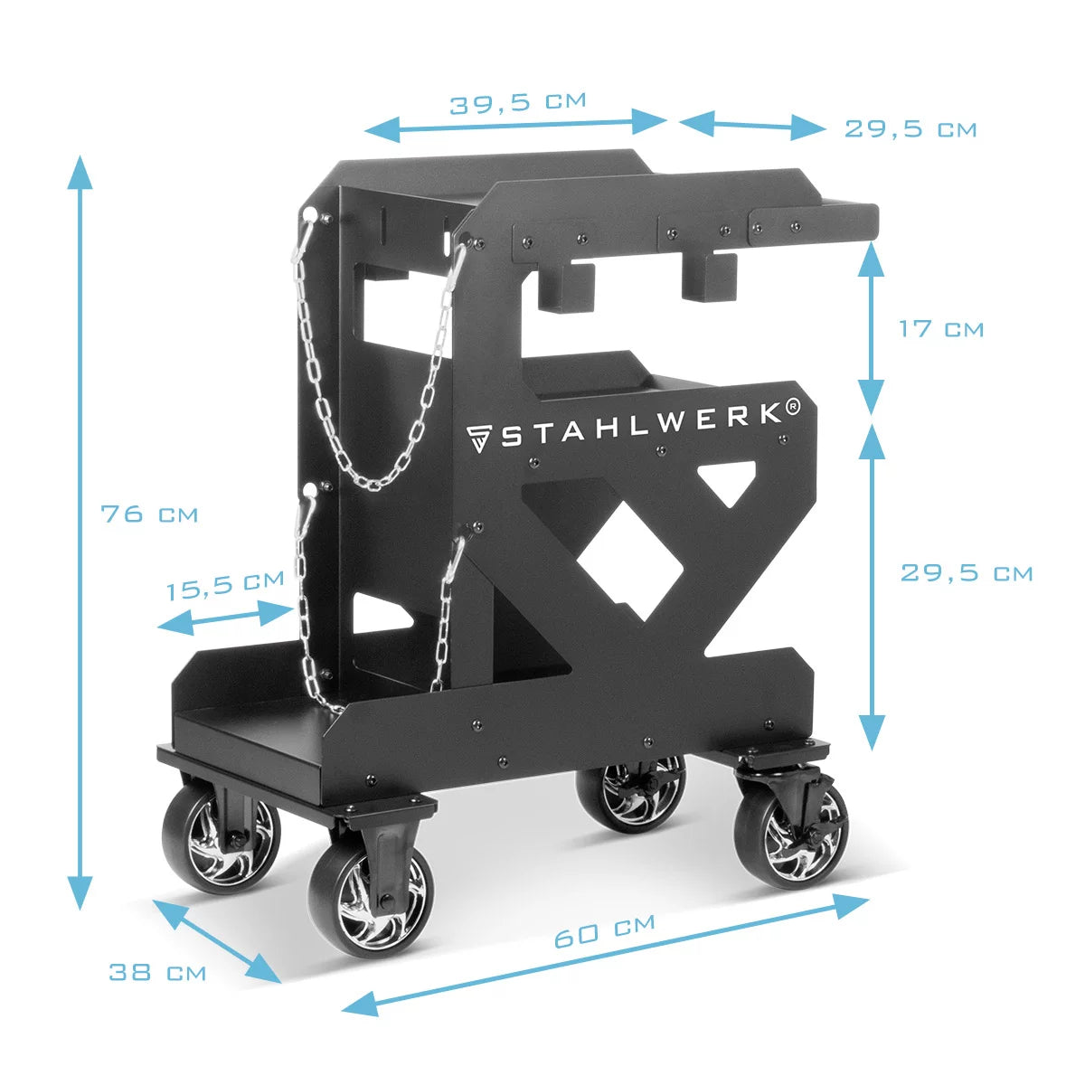 STAHLWERK Schweisswagen SW-600-ST | 1,5 mm Wandstärke | Robuster Schweissgerätewagen | Plasmaschneider-Transportwagen mit Schlauch-und Kabelhalterung | Gasflaschen-Kettensicherung | Longlife-Gummirollen