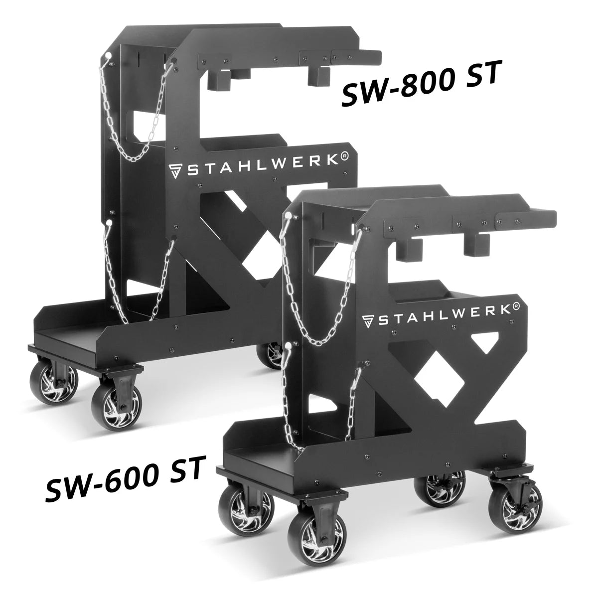 STAHLWERK Schweißwagen SW-800-ST mit 1,5 mm Wandstärke | Longlife-Gummirollen | Gerätewagen für Schweißgeräte und Plasmaschneider mit Kabel- und Schlauchhalterung sowie Kettensicherung für Gasflaschen