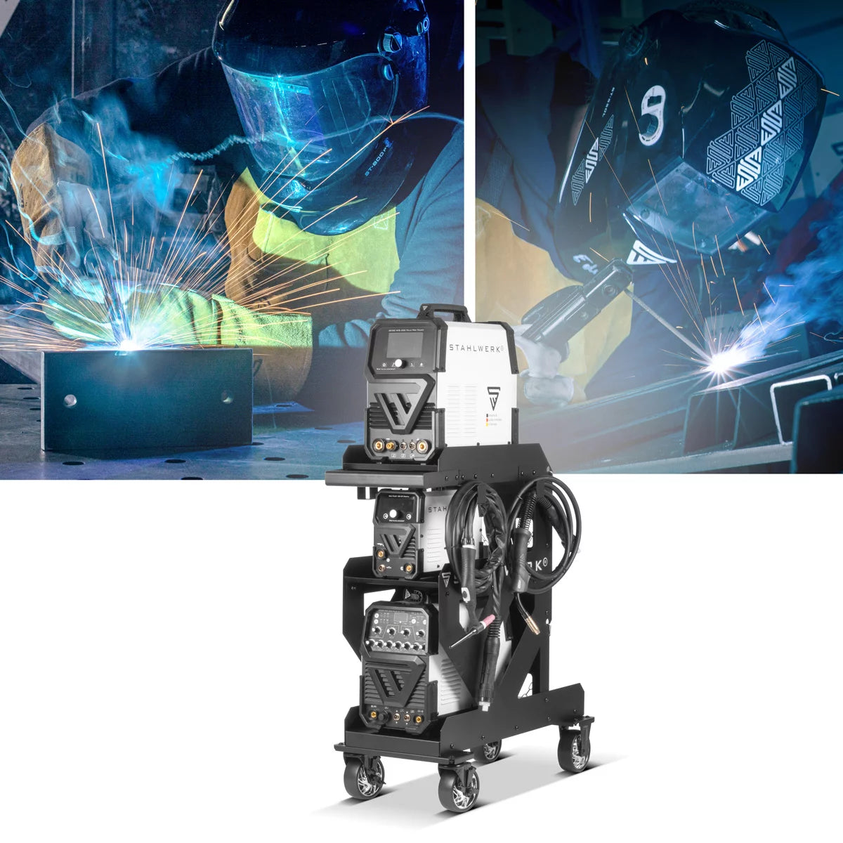 STAHLWERK Schweißwagen SW-800-ST mit 1,5 mm Wandstärke | Longlife-Gummirollen | Gerätewagen für Schweißgeräte und Plasmaschneider mit Kabel- und Schlauchhalterung sowie Kettensicherung für Gasflaschen